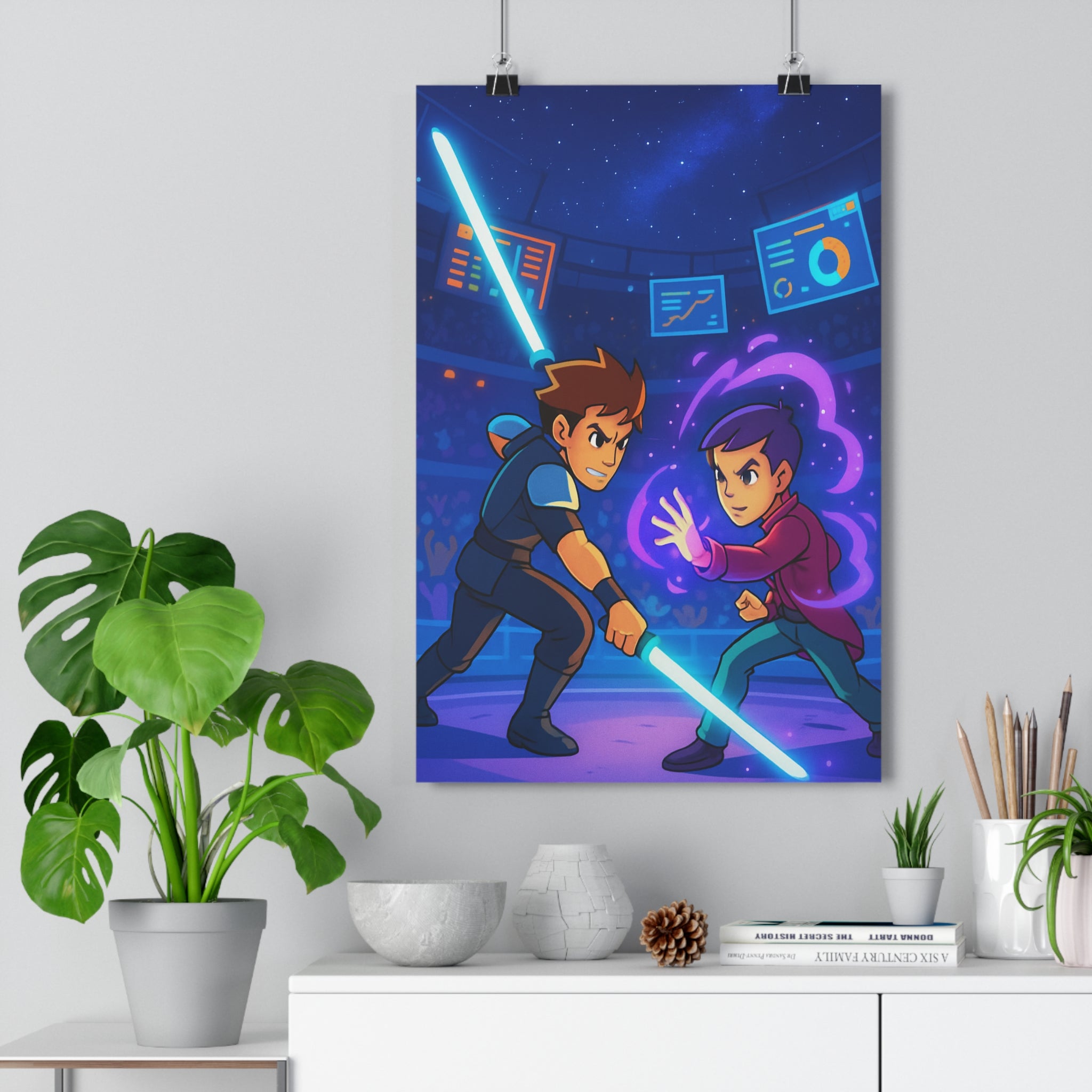 Poster décoratif animé duel futuriste bleu violet énergie épée intense chambre salon captivant qualité