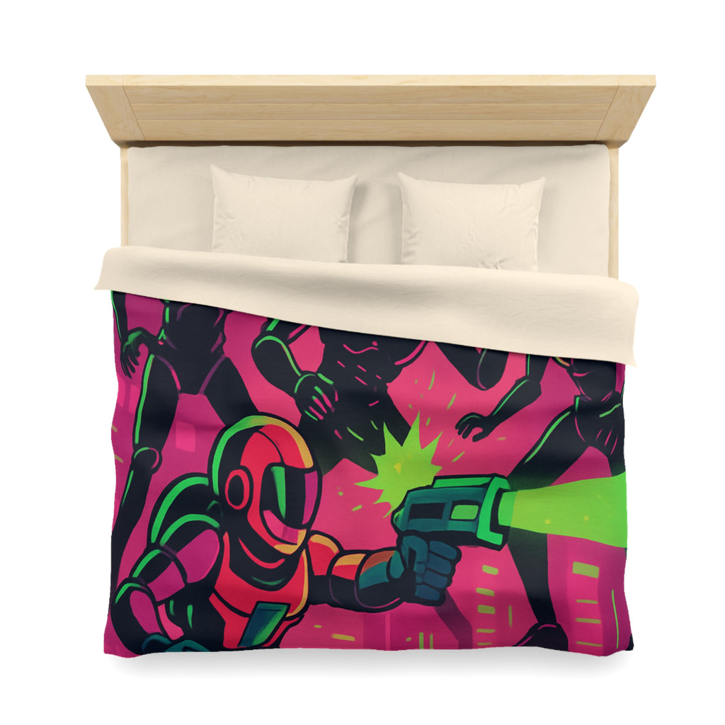 Housse de couette néon futuriste avec combat spatial, designs vifs rétro et cyberpunk