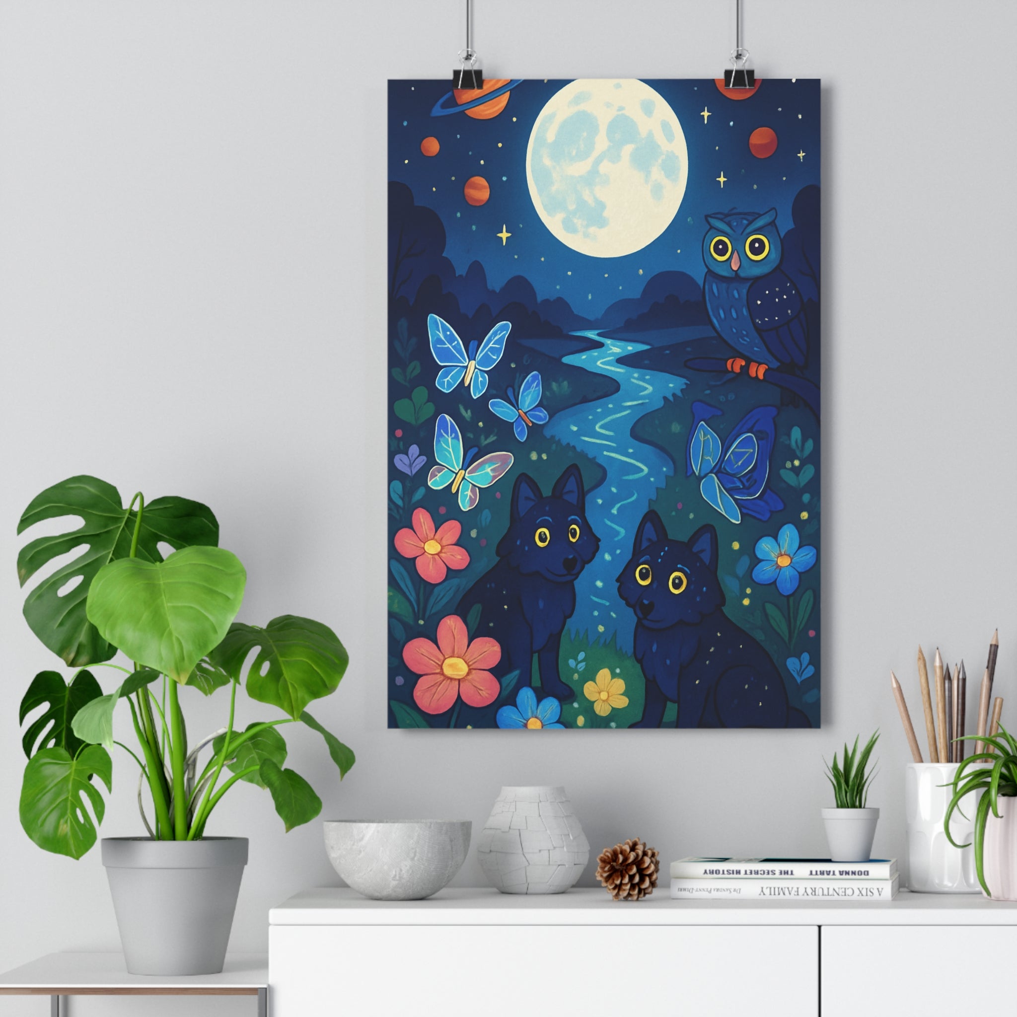 Poster décoratif mystique nocturne bleu orange chambre salon rivière fleurs lune hibou loups enchanté