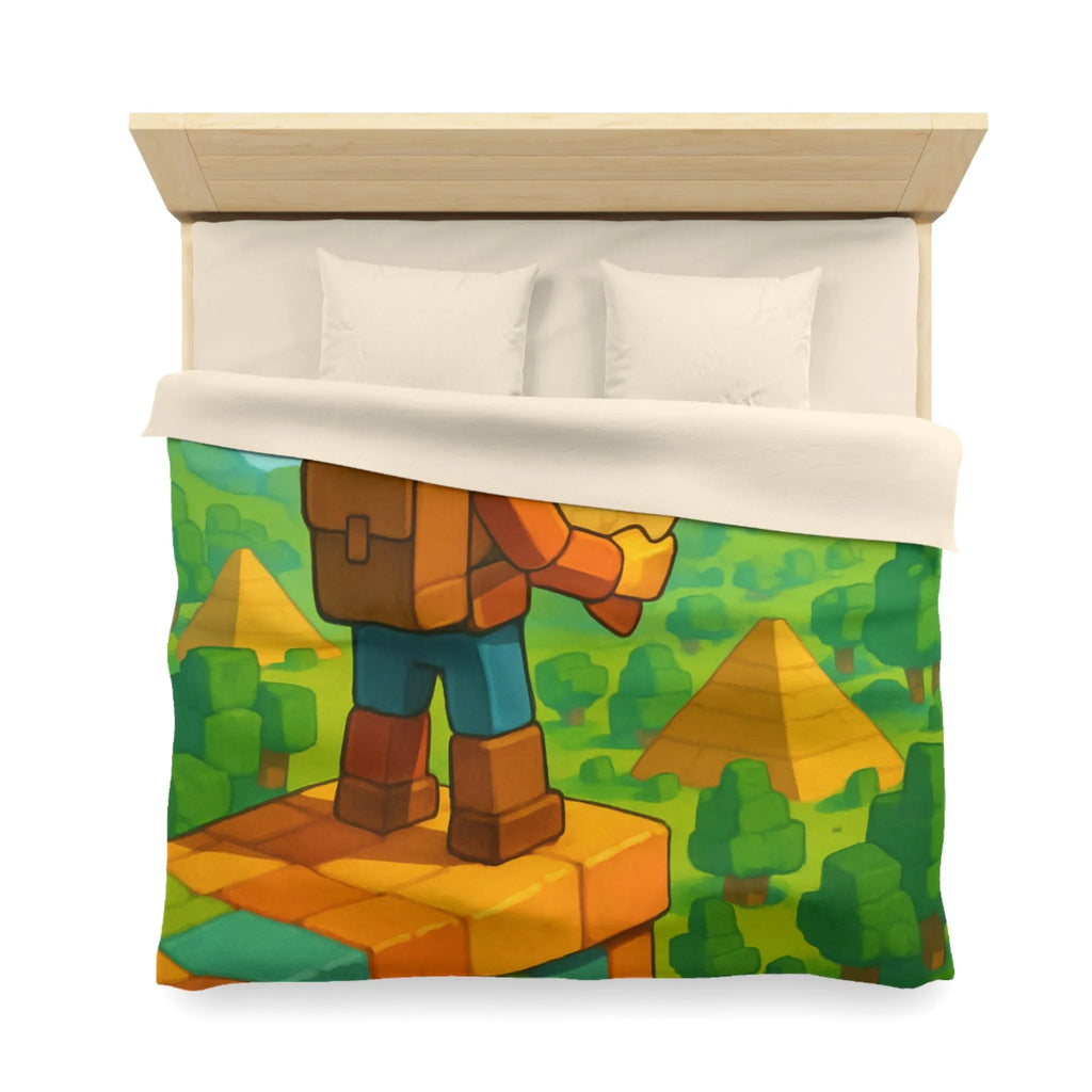 Housse de Couette Ludique Aventure Pixelisée Explorateur Carte Forêt Pyramide Enfant