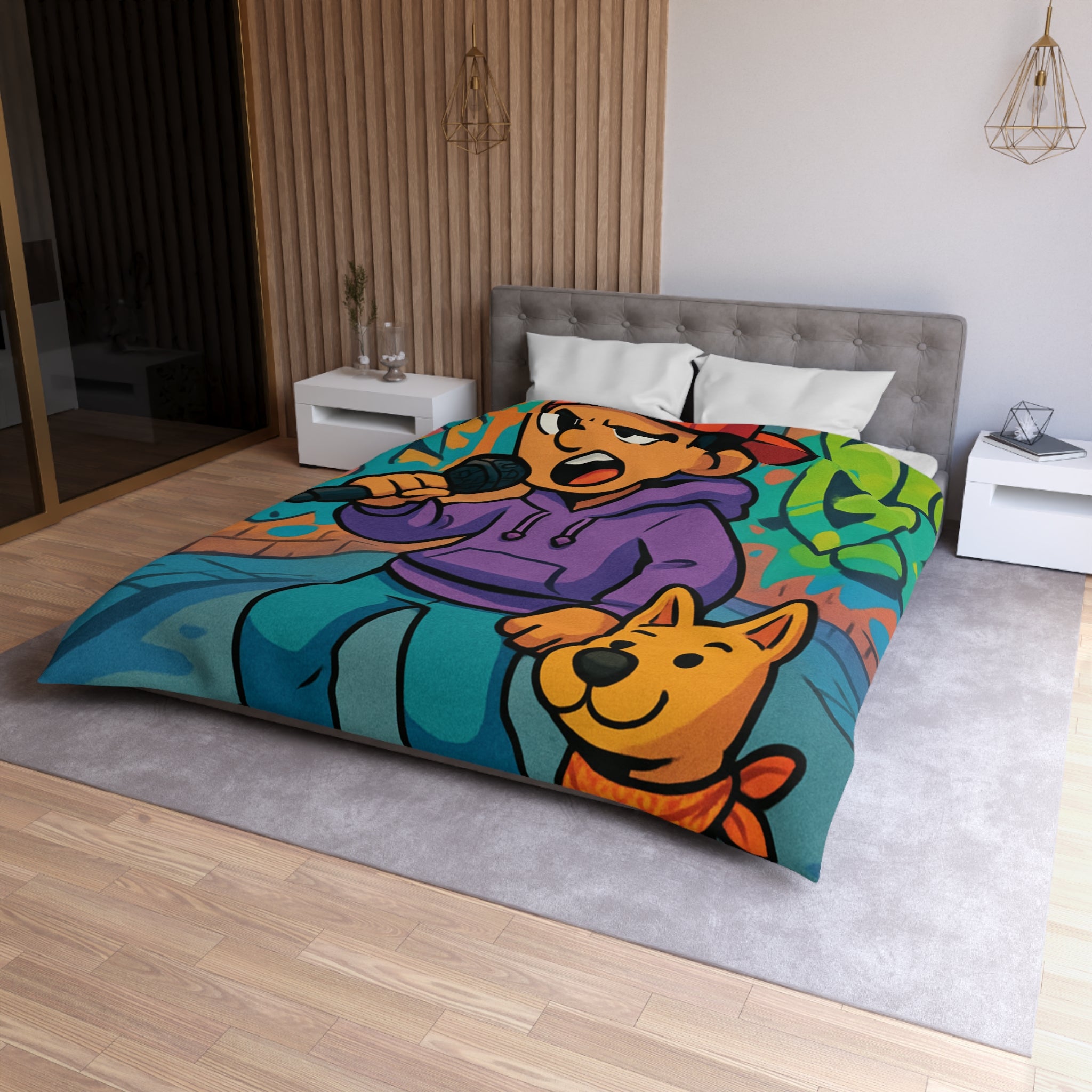 Housse de Couette Rap Urbain avec Chien et Graffiti Coloré pour Chambre Adolescente