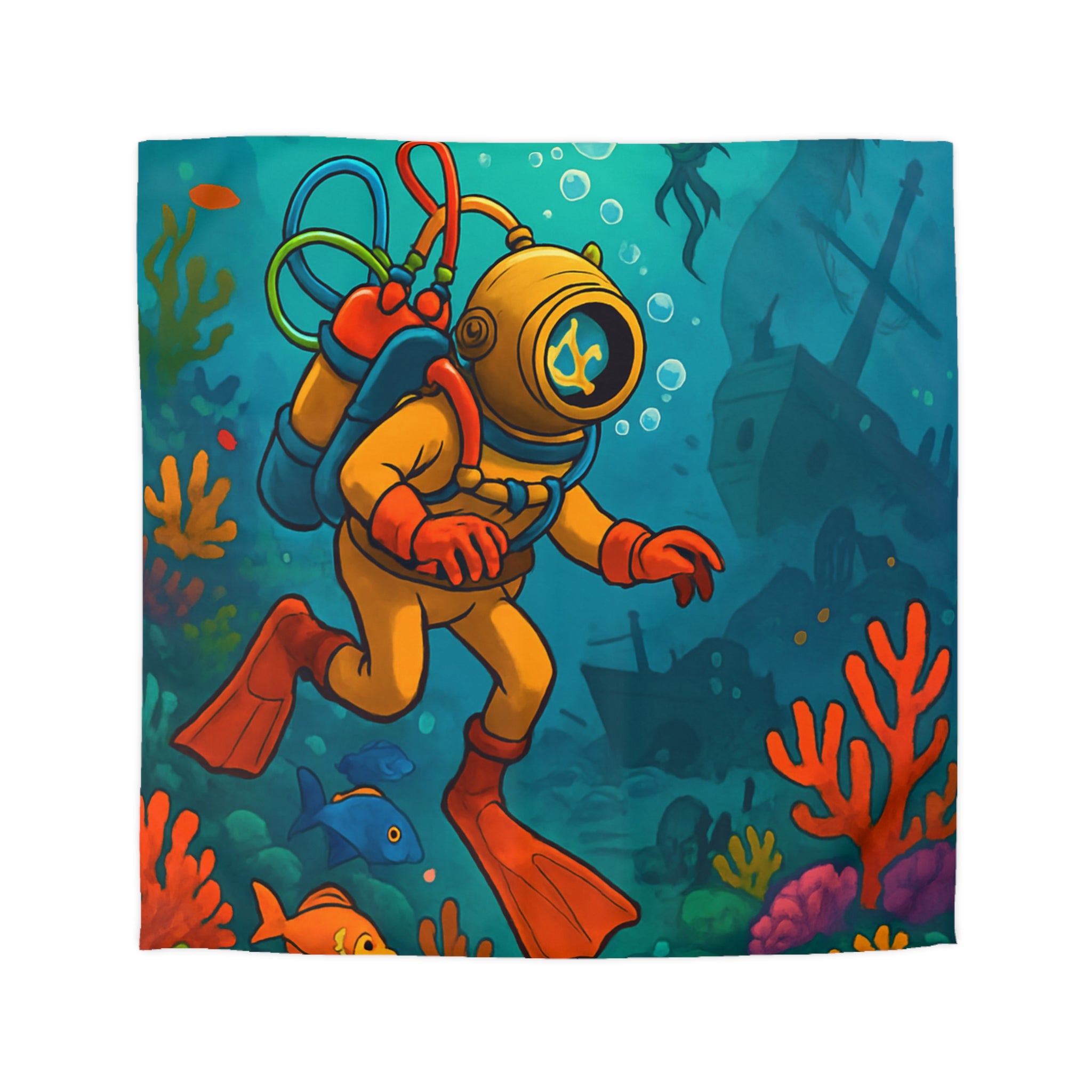 Housse de couette motif plongeur rétro dans un monde sous-marin coloré et mystérieux
