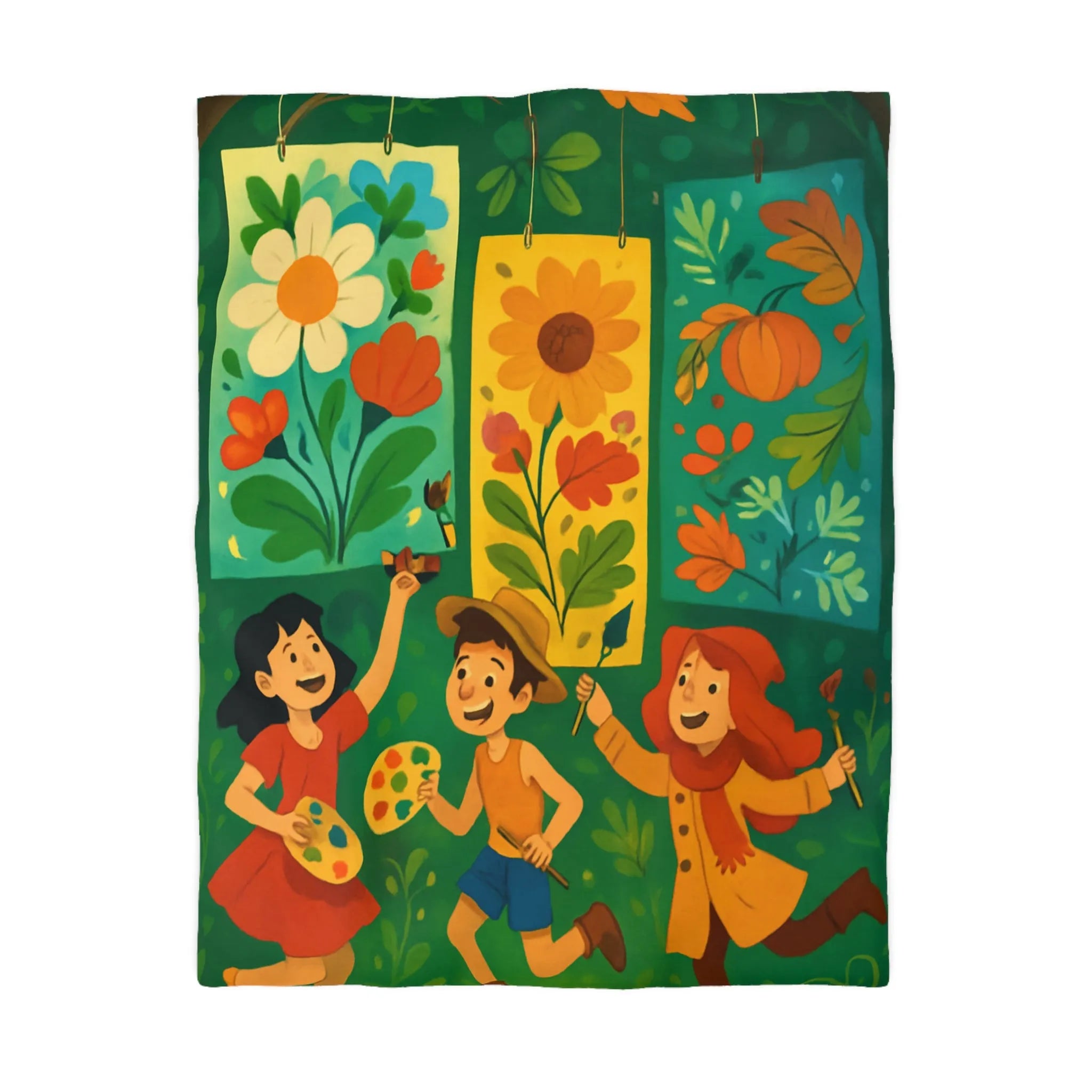 Housse de couette colorée avec design floral et personnages ludiques pour chambre joyeuse