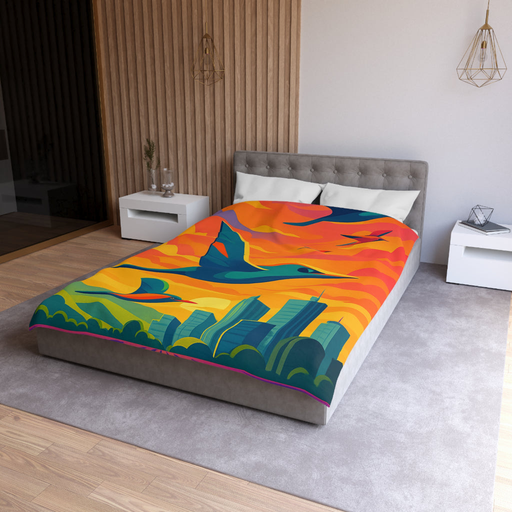 Housse de Couette Vibrante avec Oiseaux Volant au-dessus Champs et Ville au Crépuscule