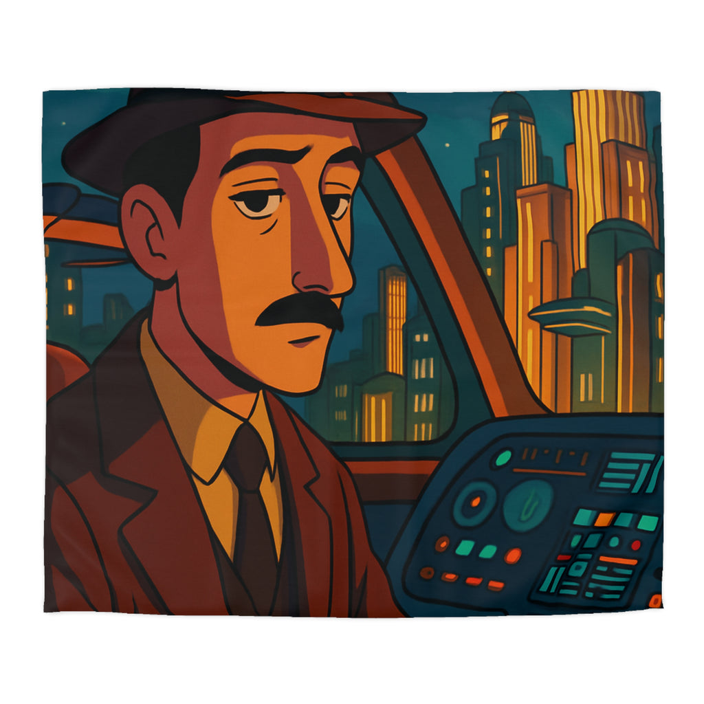 Housse de couette rétro-futuriste avec illustration de ville et pilote dans vaisseau