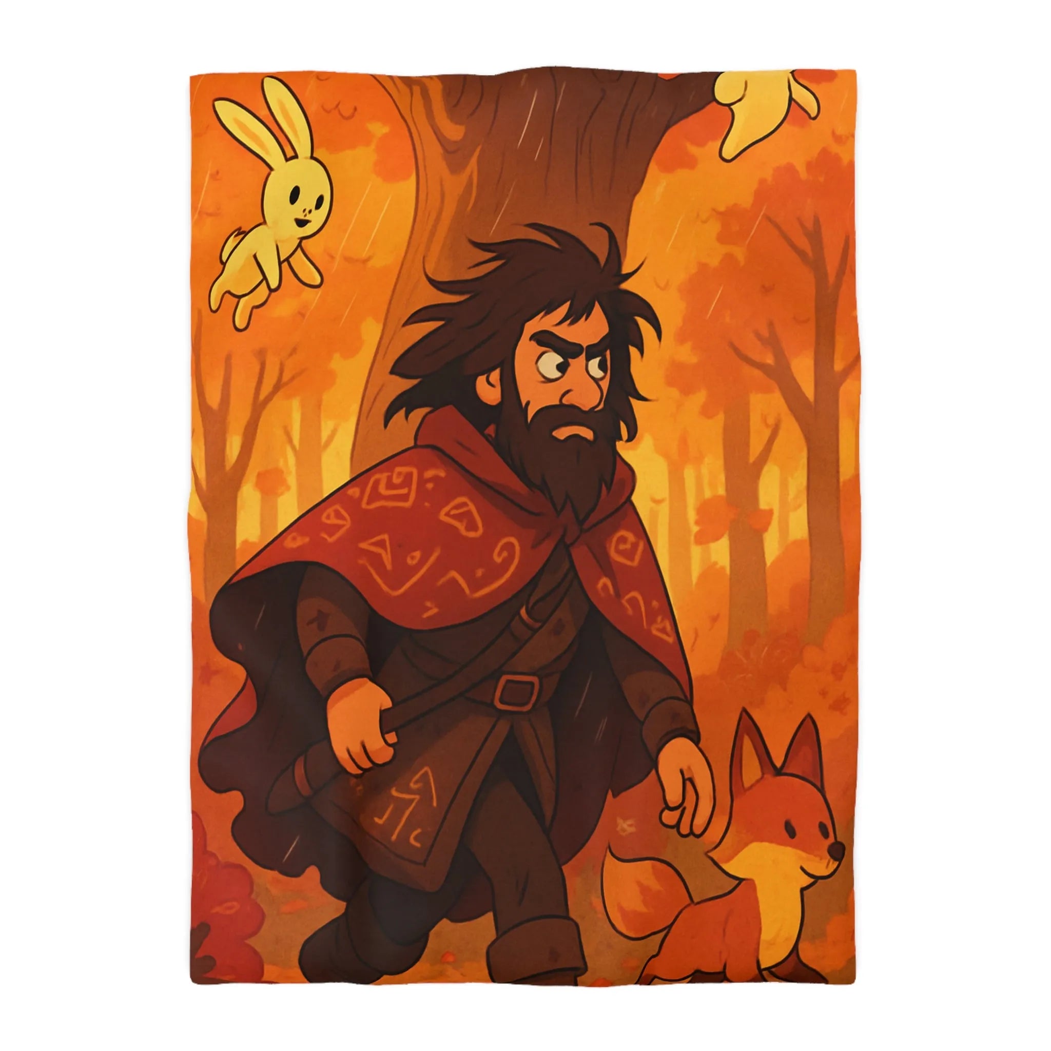 Housse de Couette Artistique avec Forêt Mystique d'Automne, Homme Barbu et Animaux Joyeux