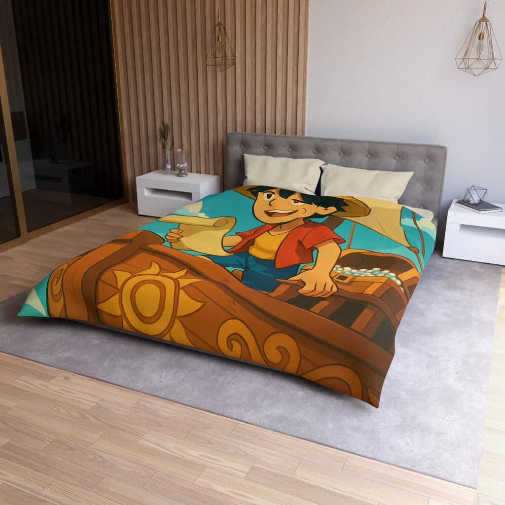 Douce housse de couette enfant motif pirate joyeux en bateau sur vagues bleues