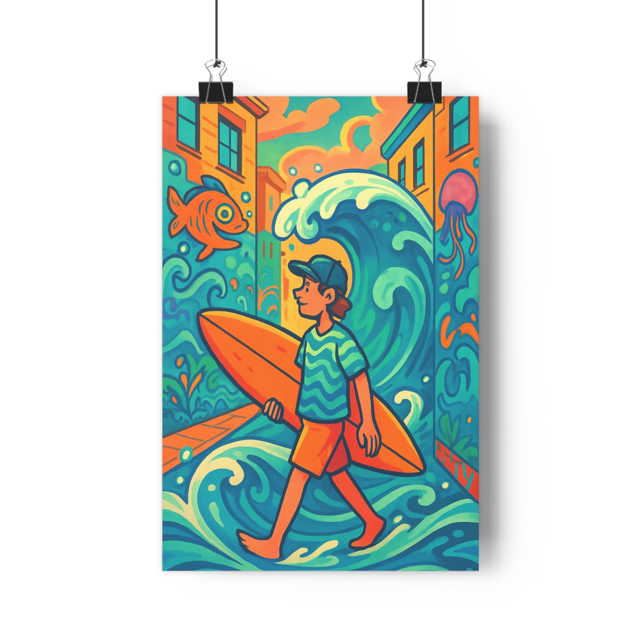 Poster décoratif cartoon surf urbain bleu orange vert salon chambre énergie ludique dynamique qualité