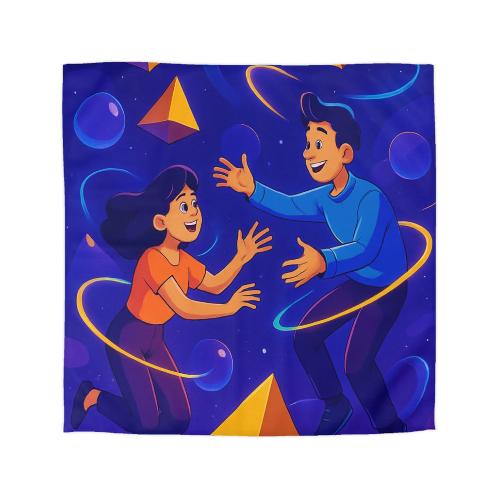 Housse de Couette Design Géométrique Magnifique avec Personnages Colorés et Éléments Spatiaux Vibrants