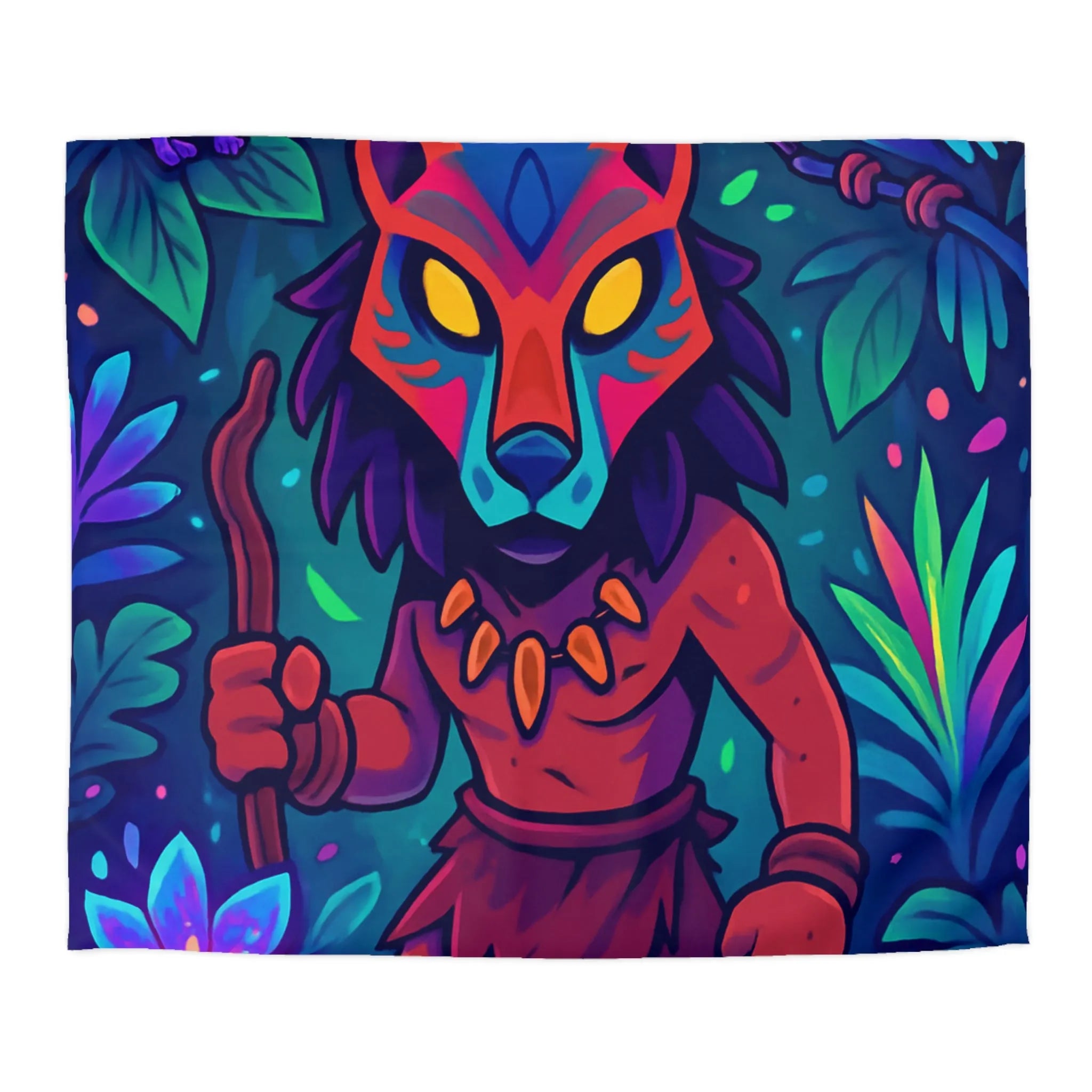 Housse de couette jungle avec guerrier masqué, animaux vibrants et feuillage exotique