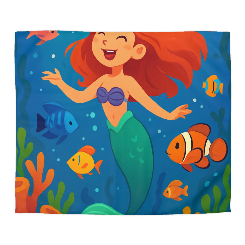 Housse de couette colorée avec sirène joyeuse et poissons dans un océan magique