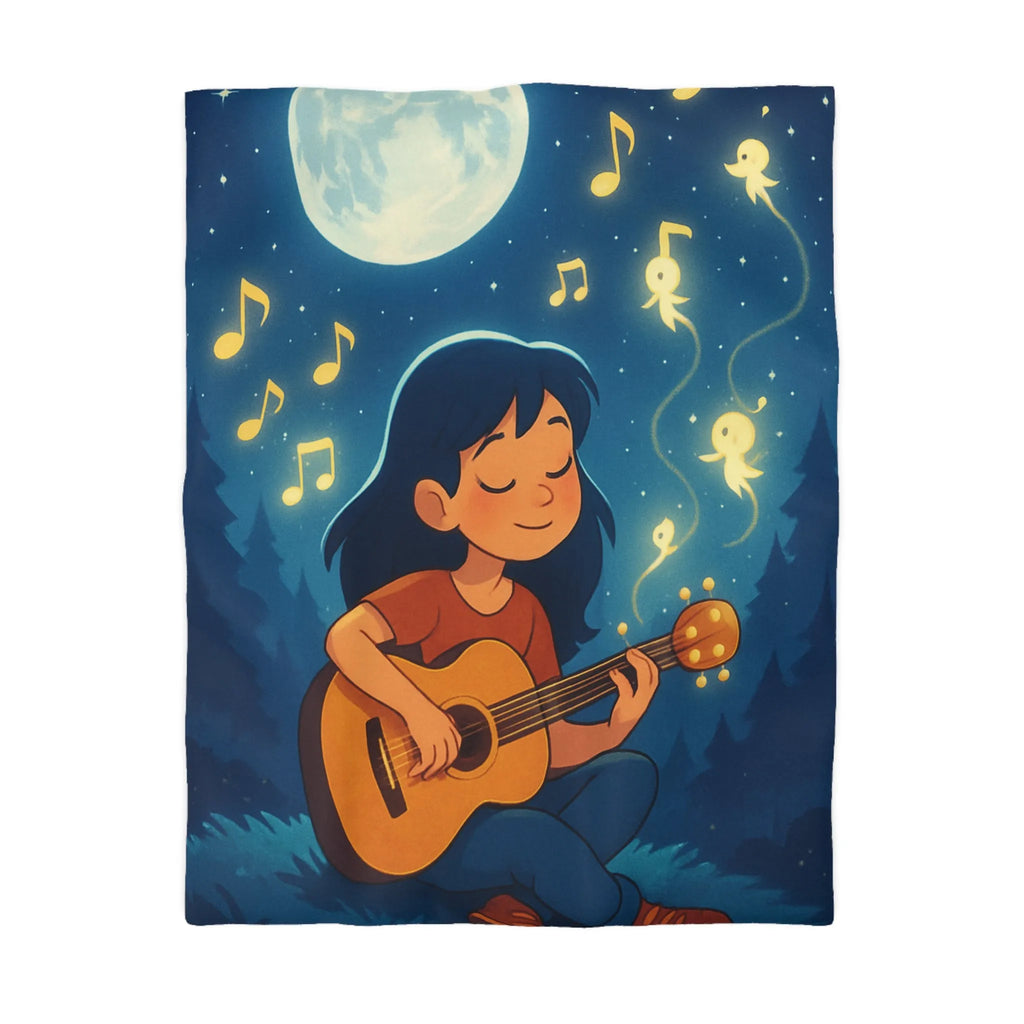 Housse de couette enchantée avec enfant jouant de la guitare sous la pleine lune