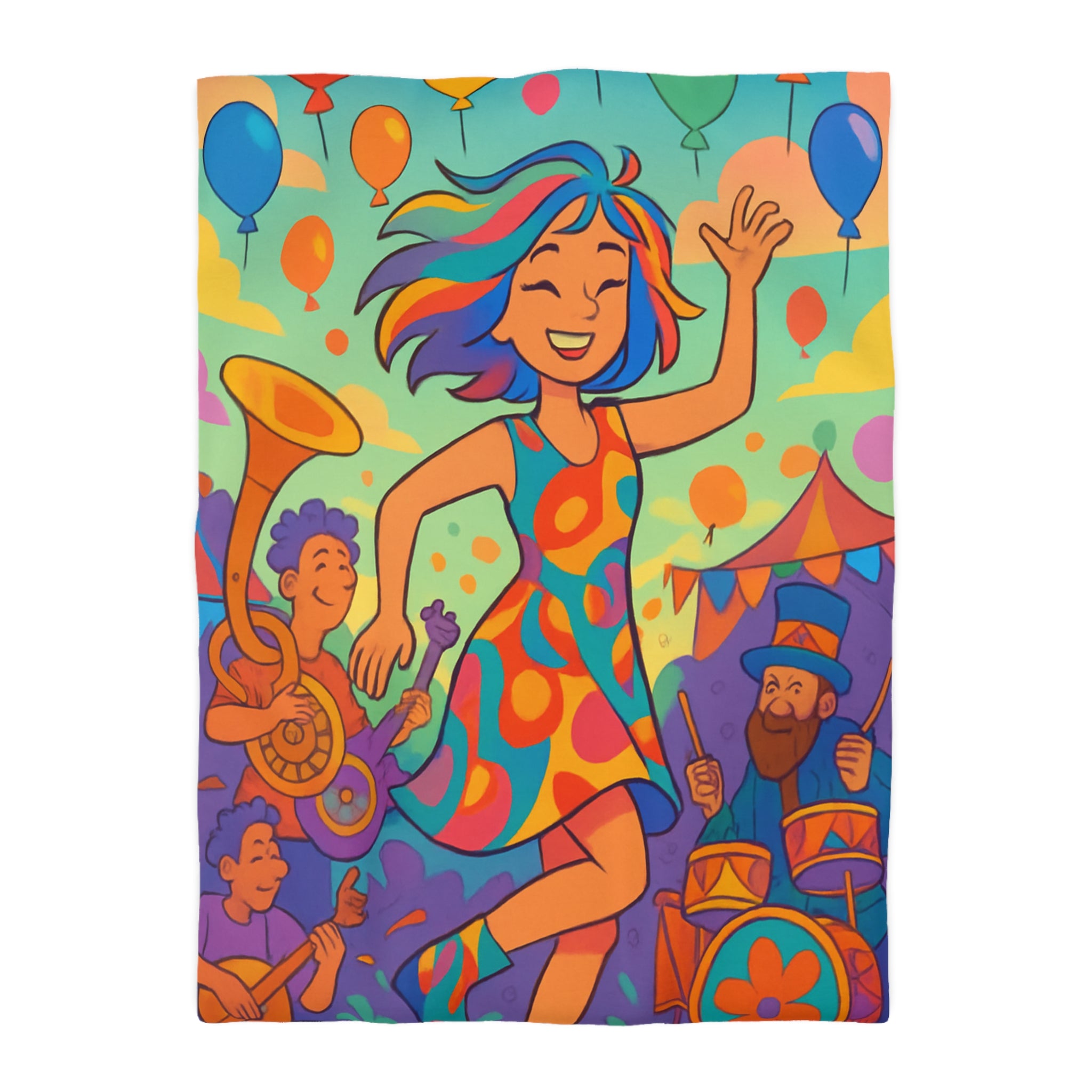 Housse de couette multicolore avec motif de fête joyeuse et personnages dansants