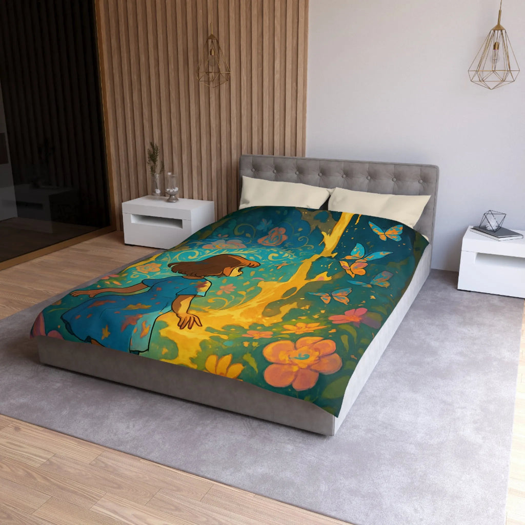 Housse de Couette Enfantine Féerique avec Papillons et Fleurs, Tons Vifs et Lumineux