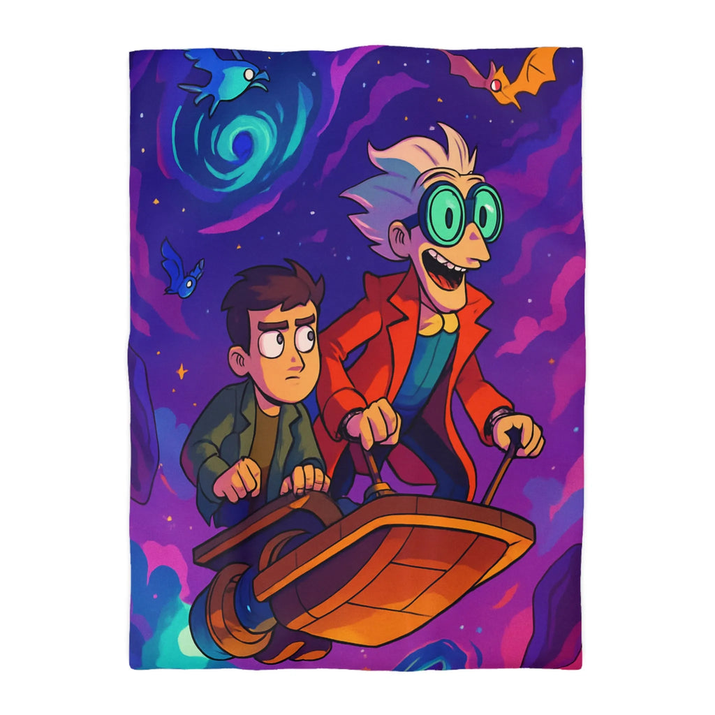 Housse de couette avec illustration d’aventuriers et animaux dans l’espace coloré et rétro