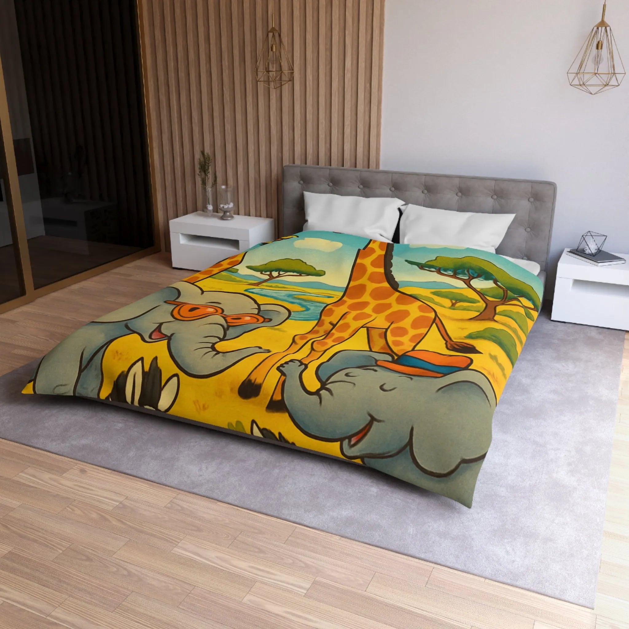 Housse de couette colorée avec animaux de la savane pour chambre d'enfant joyeuse