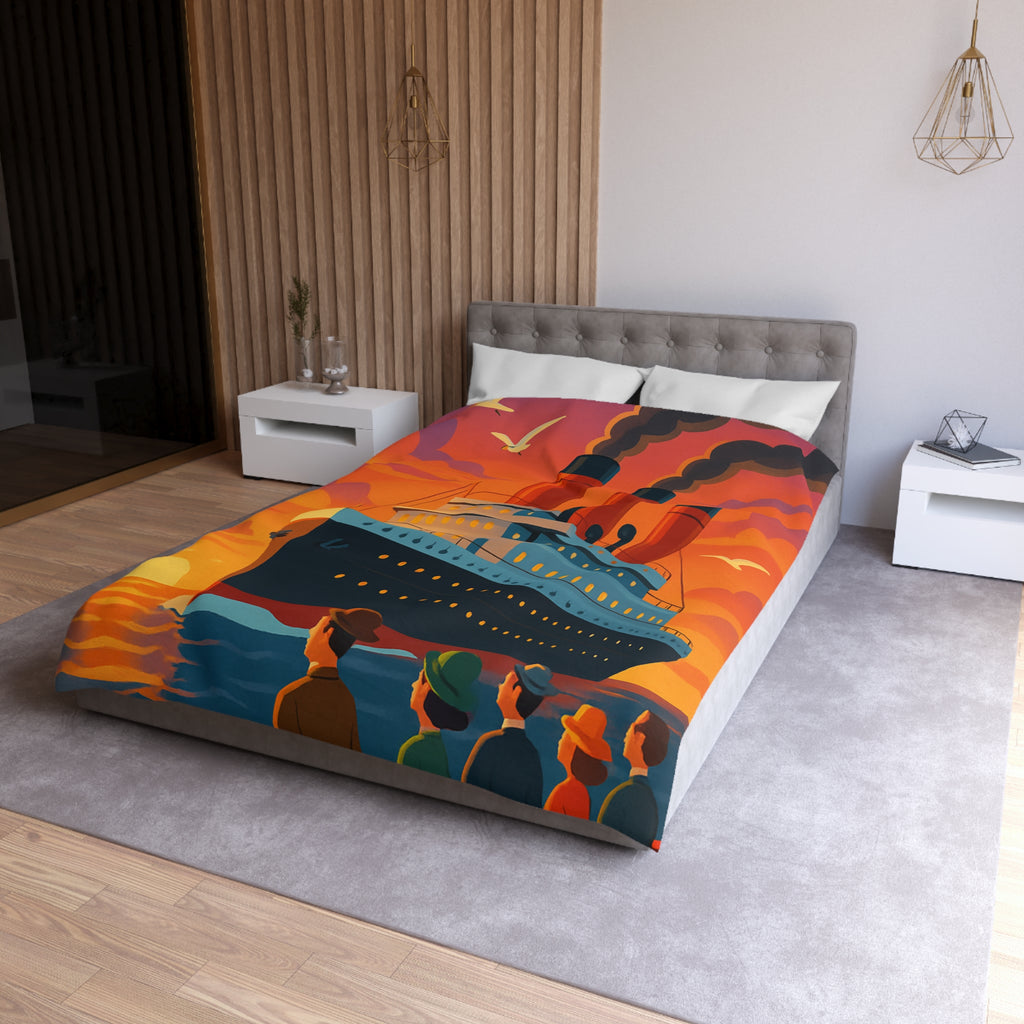Superbe housse de couette avec paquebot vintage sous un coucher de soleil flamboyant