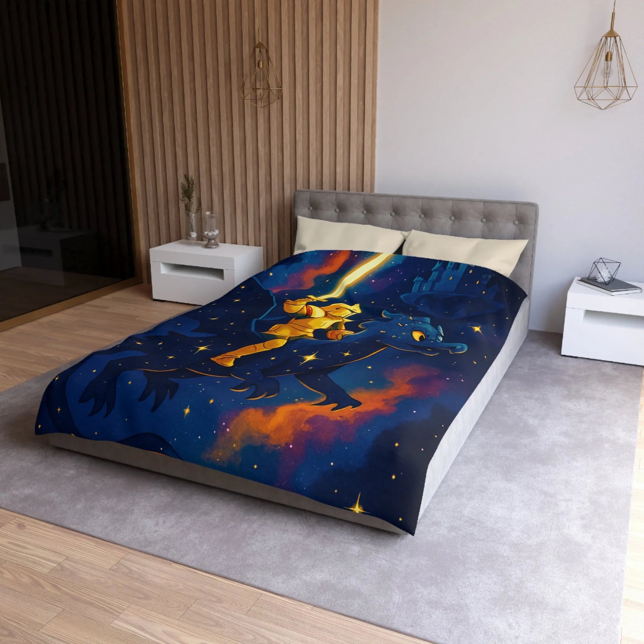 Housse de couette avec chevalier et dragon volant sous étoiles et château magique