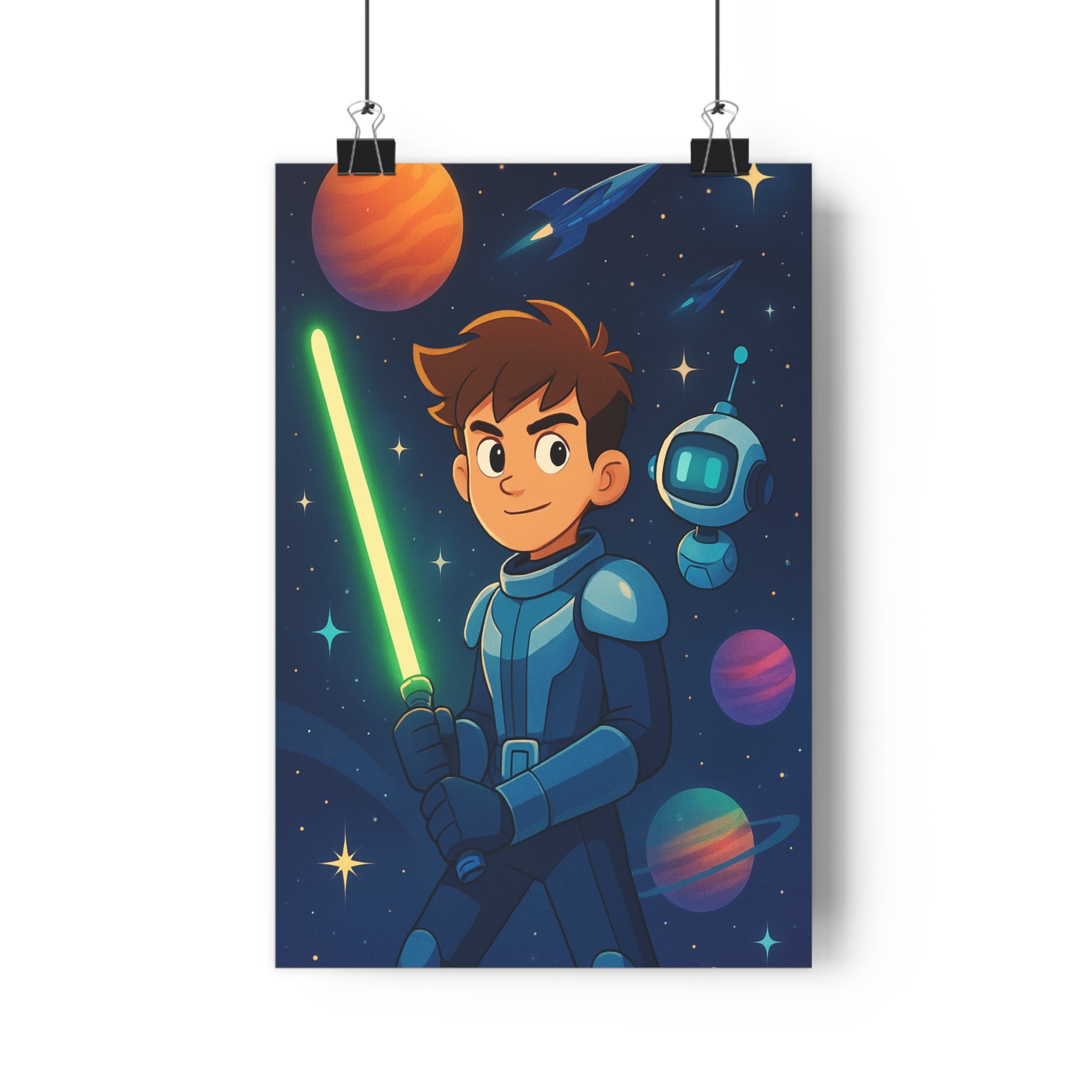 Poster décoratif aventurier espace sabre laser vert robot étoilé cartoon enfant chambre aventure couleurs