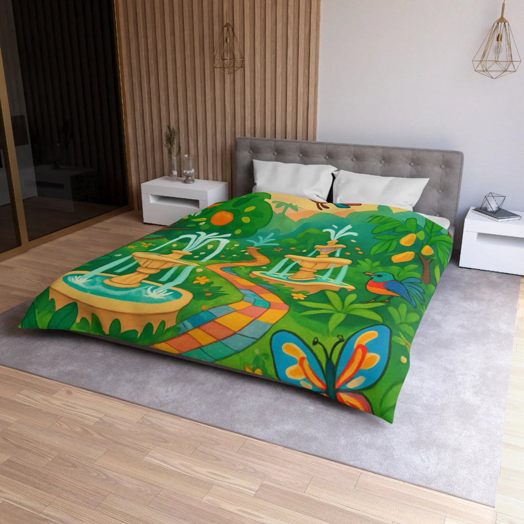 Housse de couette colorée avec oiseaux et fontaines dans jardin tropical vibrant