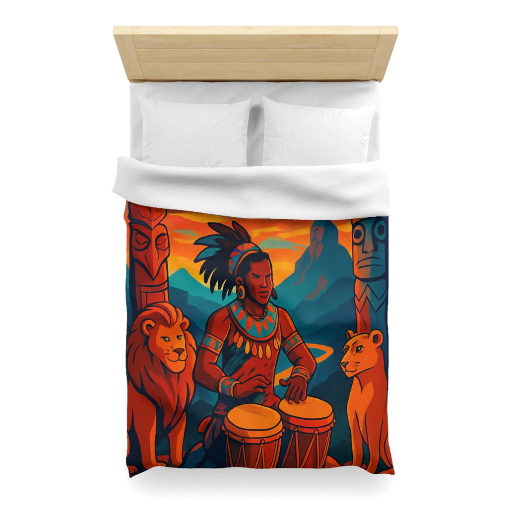Housse de couette exotique avec musicien, tambours et totems en ambiance chaleureuse