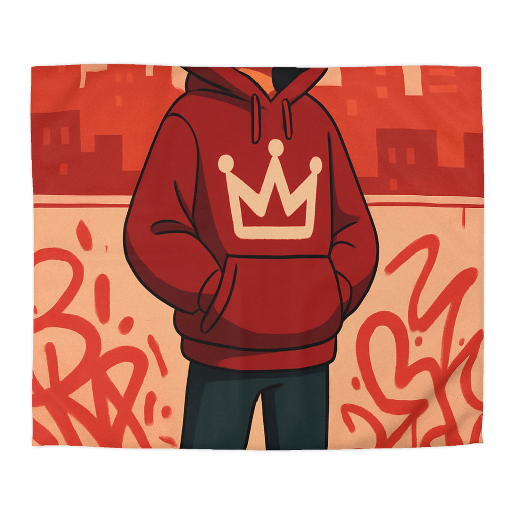 Housse de couette urbaine rouge avec motif couronne et graffiti artistique moderne