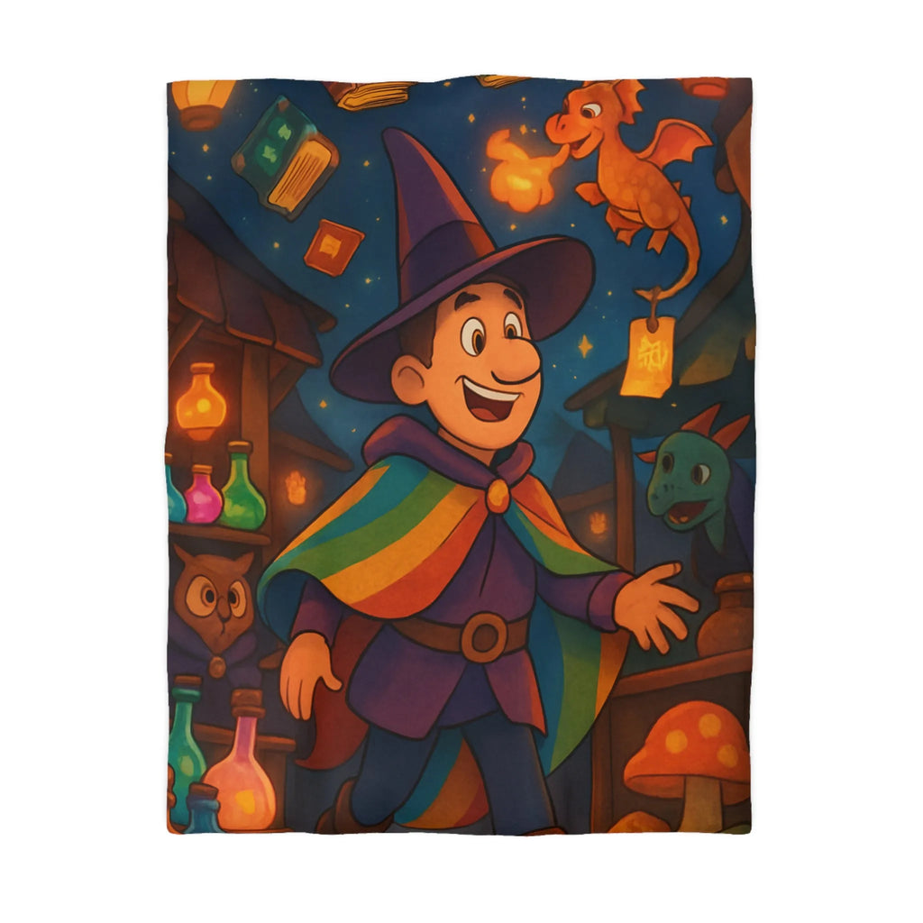 Housse de couette magique avec envoûtant motif de sorcier, dragon et livres enchantés