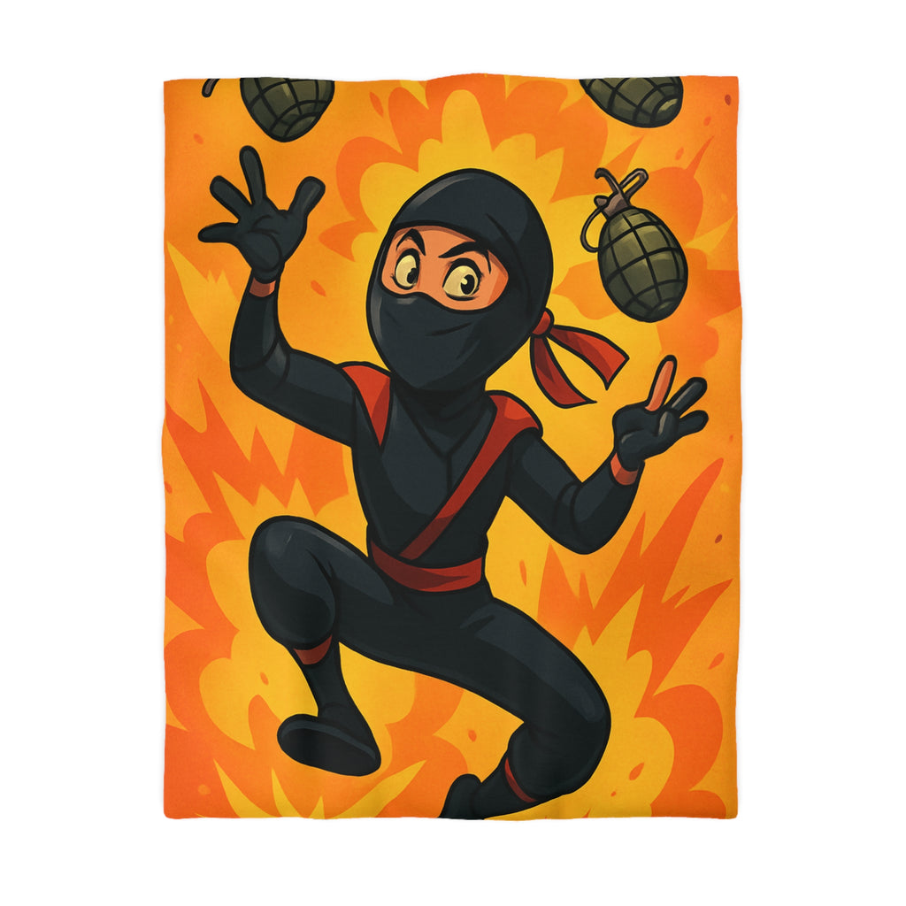 Housse de couette ninja dynamique avec explosion et grenades en fond orange vibrant