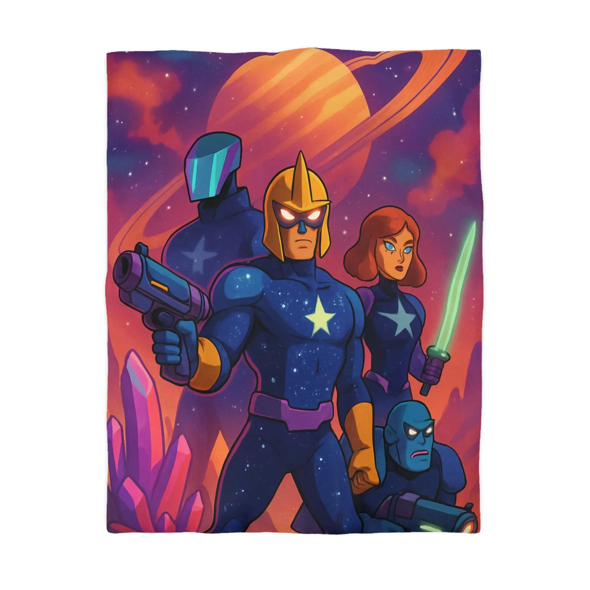 Équipe de héros galactiques armés dans une scène spatiale vibrante avec cristaux