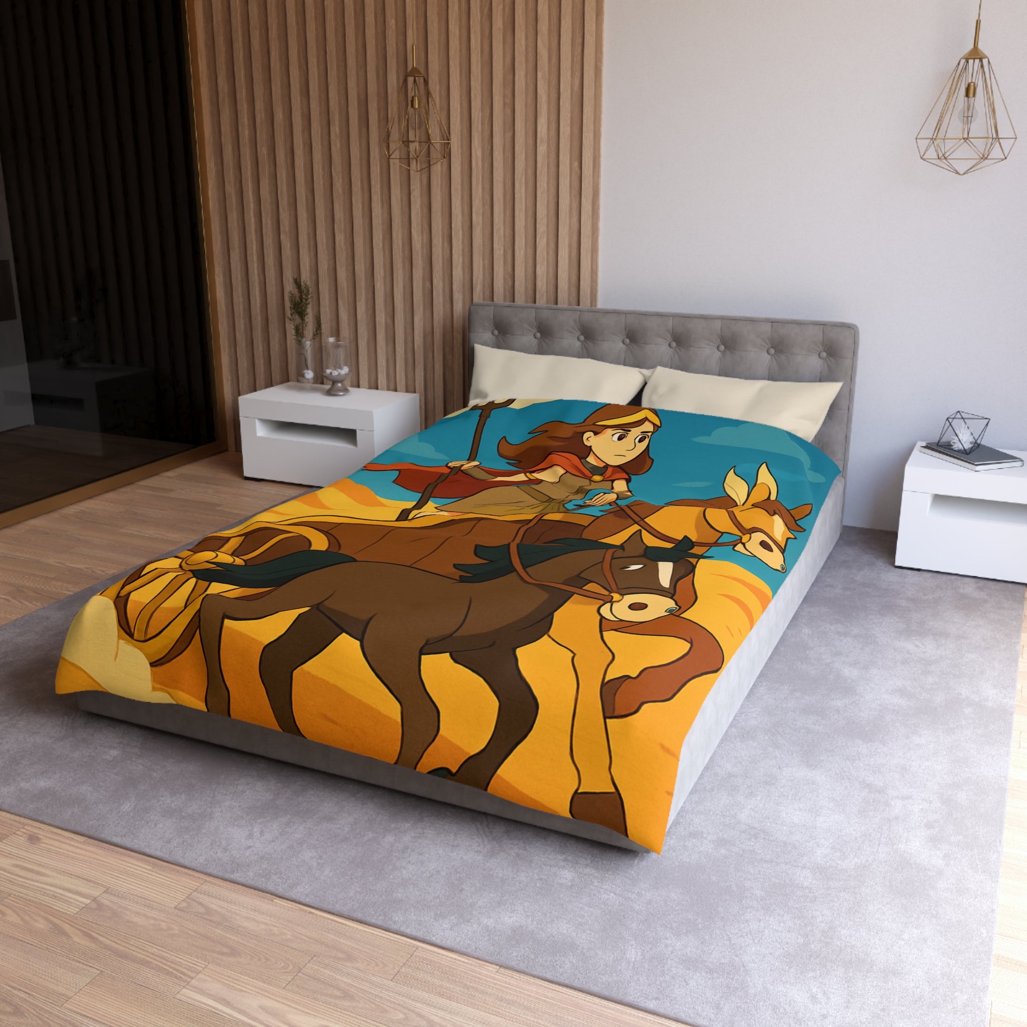 Housse de couette représentant guerrière en char avec chevaux marron dans désert animé