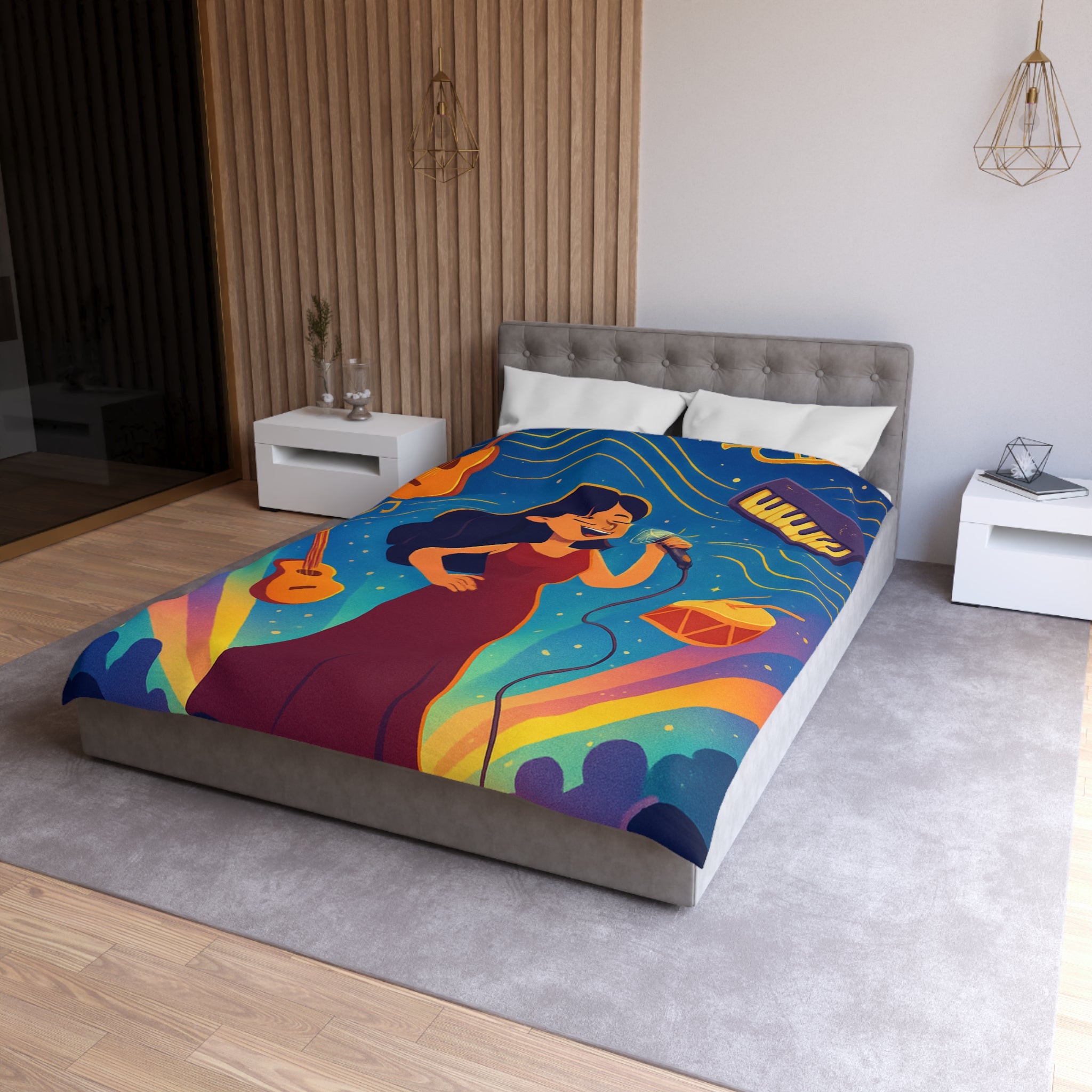 Housse de couette vibrante avec scène musicale, chanteuse et instruments illustrés colorés