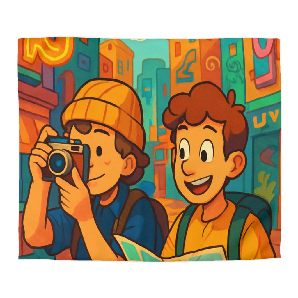 Housse de Couette Colorée avec Illustration de Voyageurs Urbains et Oiseaux Animés