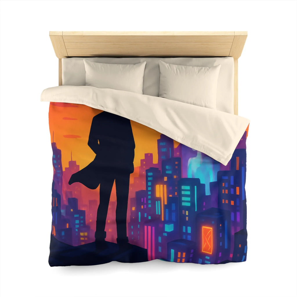 Housse de couette futuriste avec silhouette urbaine et couleurs vibrantes pour chambre moderne