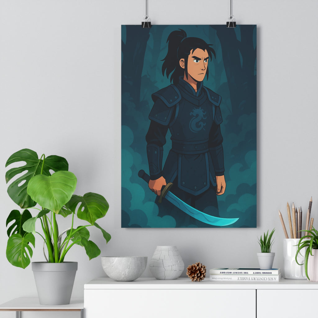 Poster décoratif guerrier épée sombre bleu noir mystique forêt chambre aventure créatif format 30x46