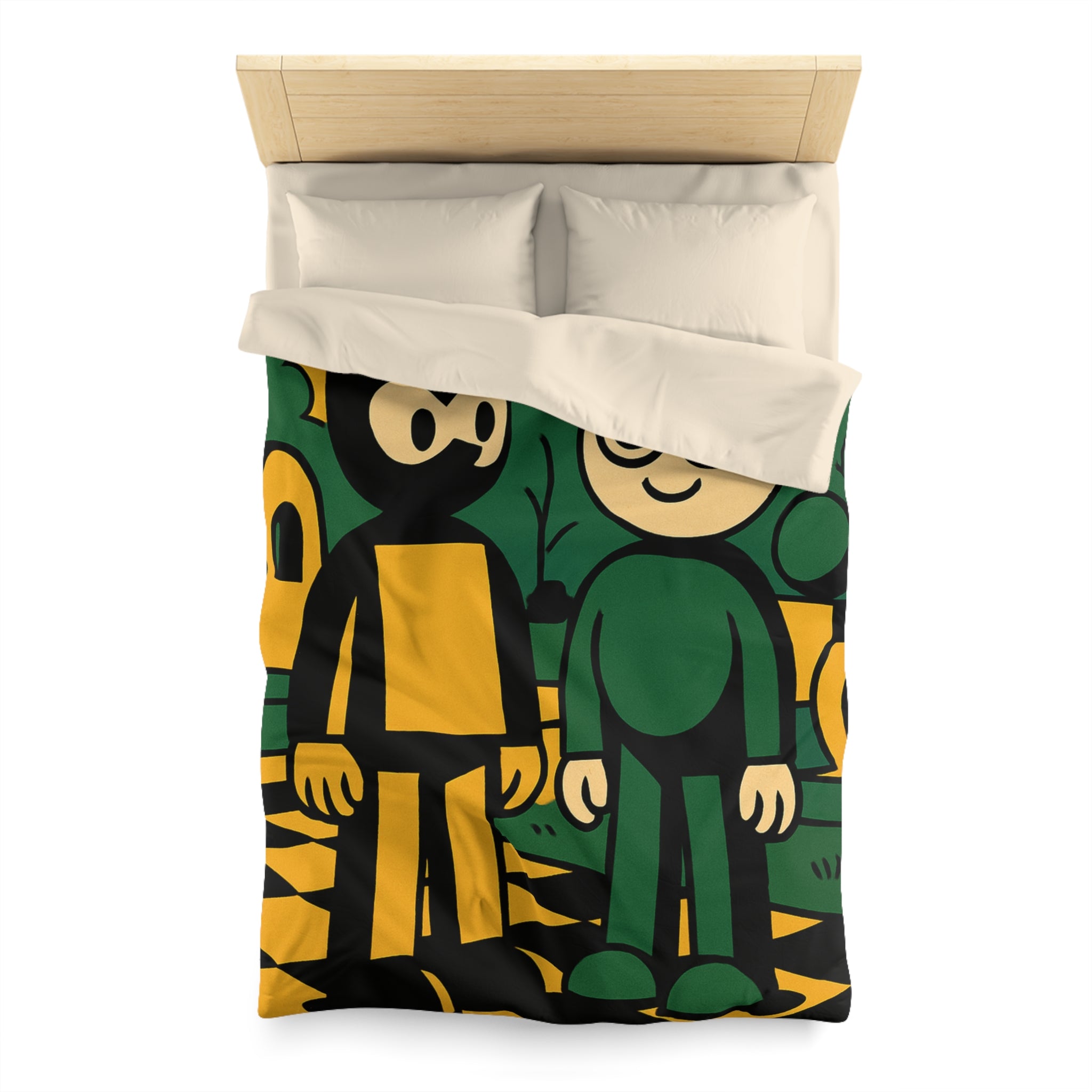 Housse de couette style pop-art cartoon avec personnages et paysage graphique original