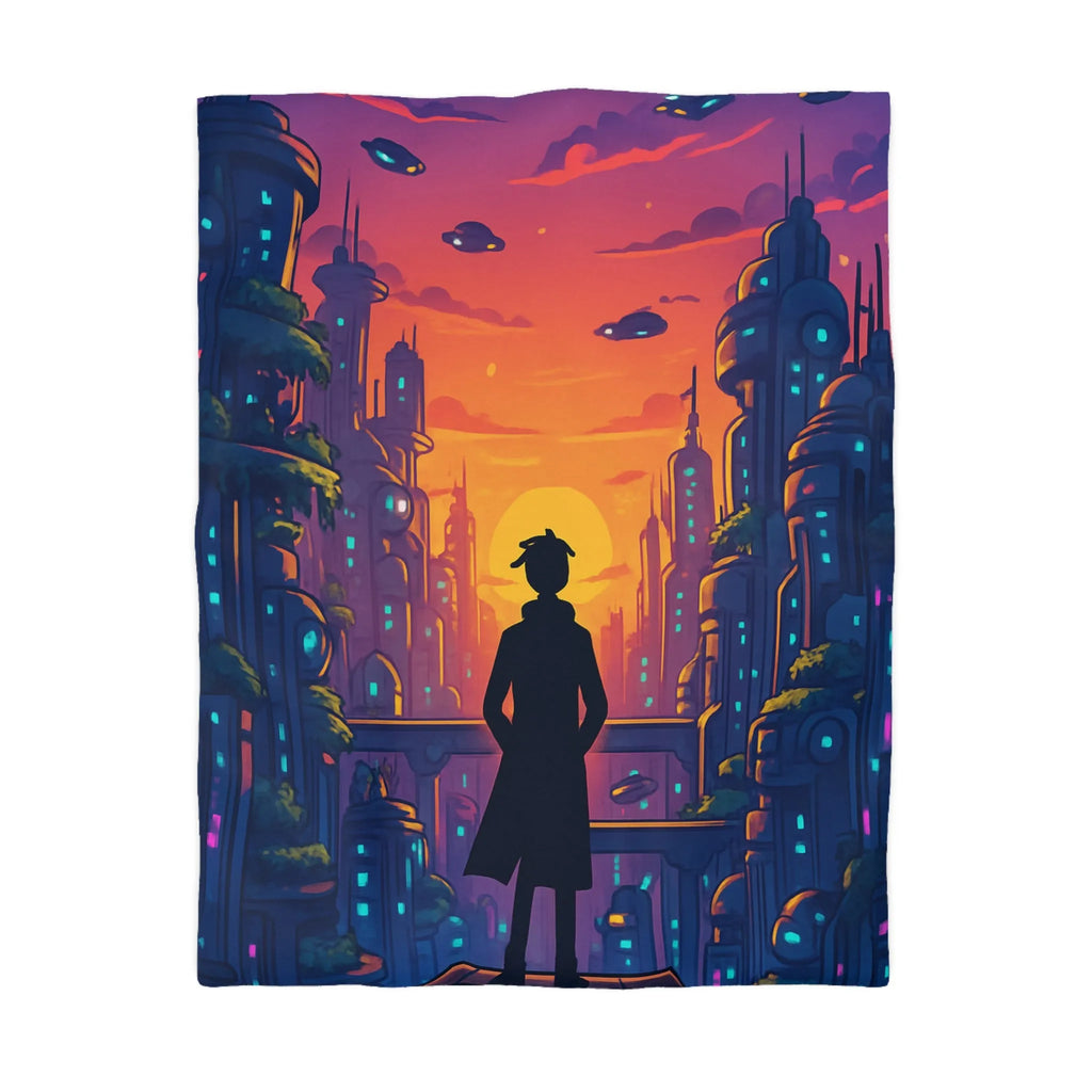 Housse de Couette Futuriste avec Paysage Urbain et Ciel Étoilé Orange et Bleu