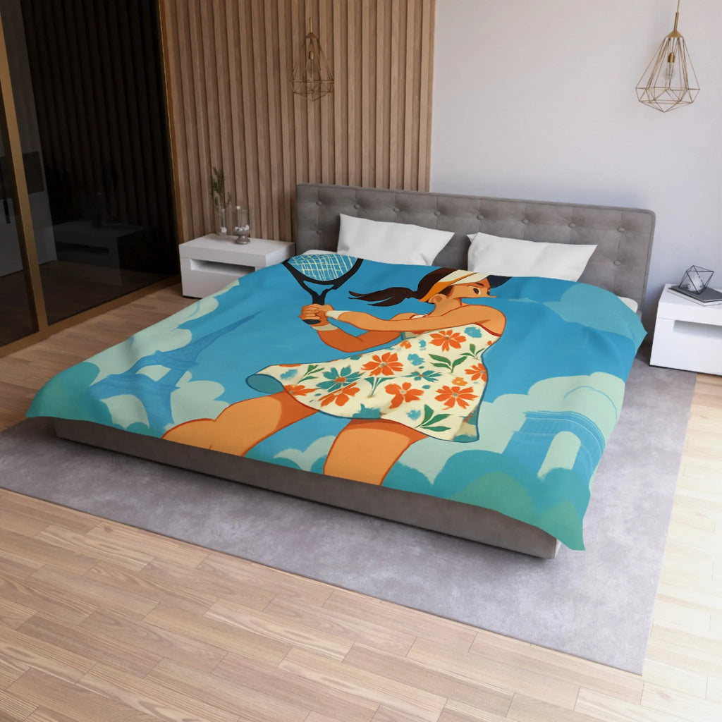 Éclatante Jouneuse de Tennis en Robe Florale avec Décor Parisien et Étoiles Magiques