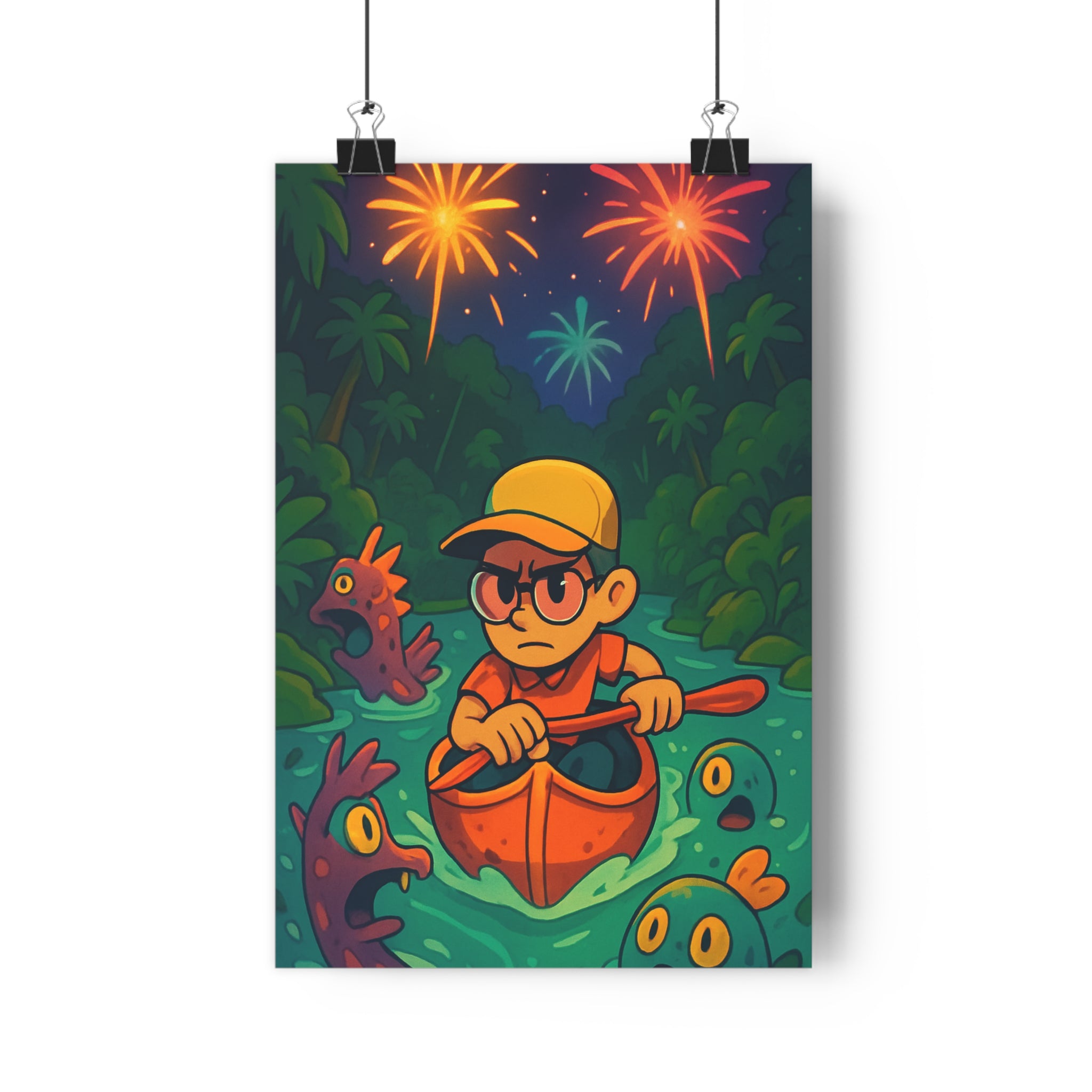 Poster décoratif aventure cartoon dynamique couleurs vives créatures agenceur bureau enfant style vibrant qualité