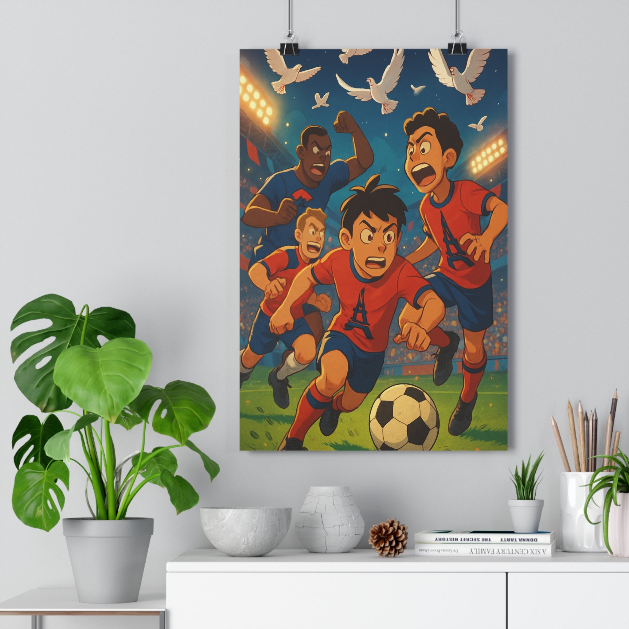 Poster décoratif dynamique cartoon rouge bleu football passion salon chambre moderne expressif unique qualité