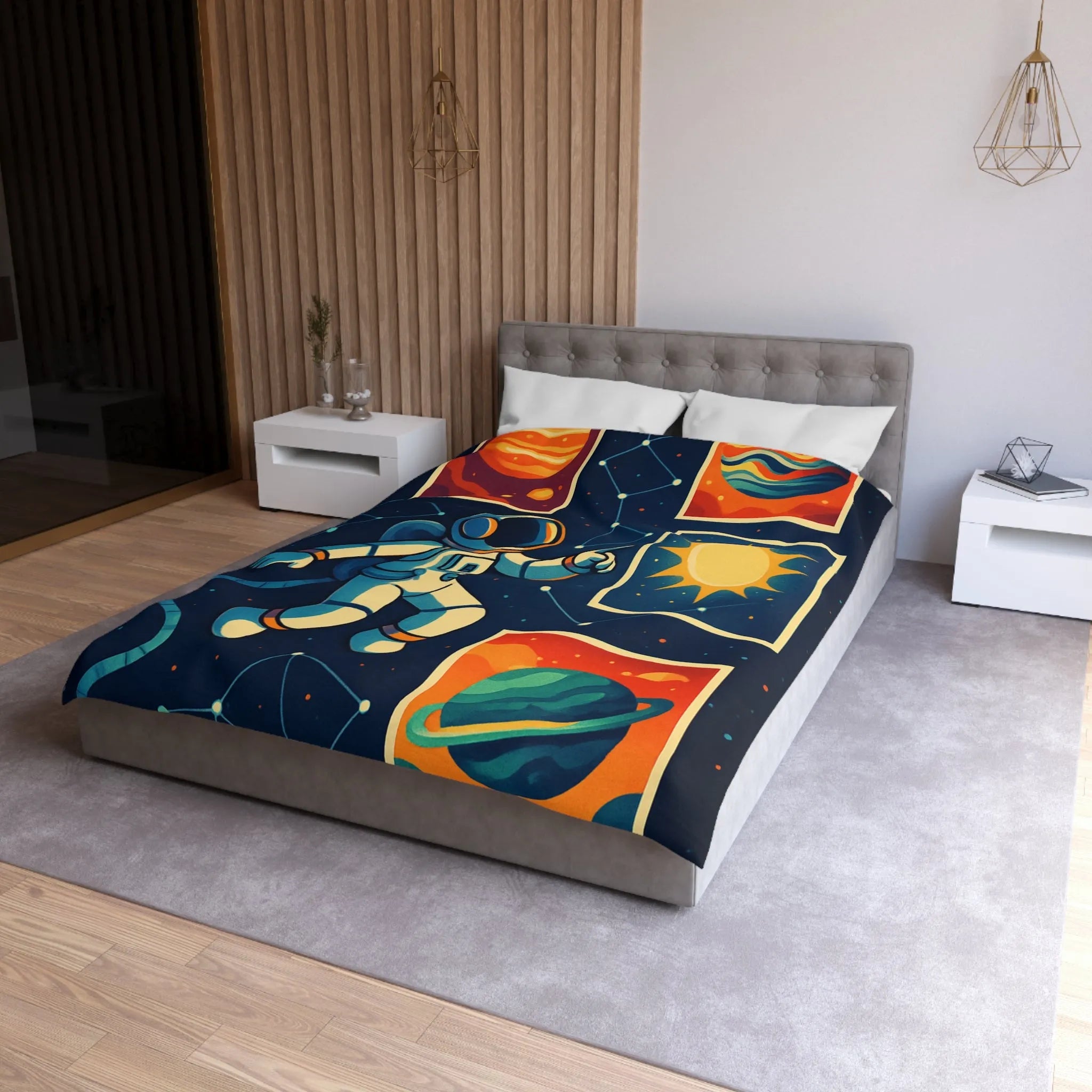 Housse de Couette Espace: Astronaute Flottant parmi Planètes et Constellations, Nuit Étoilée