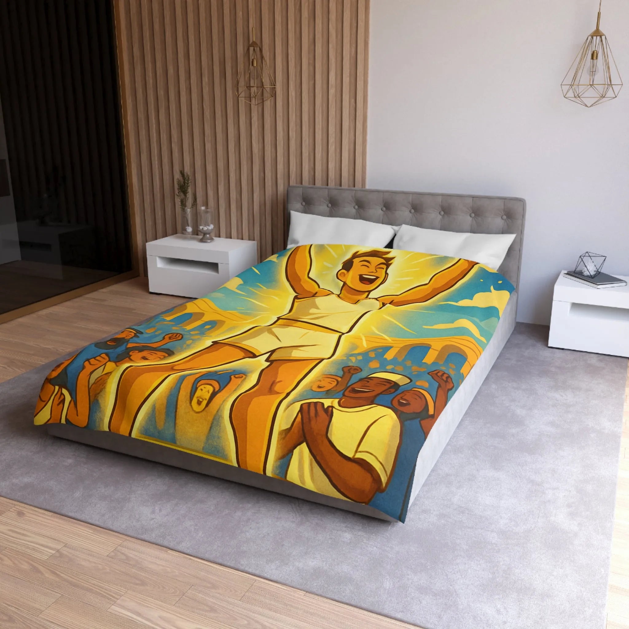 Housse de couette lumineuse avec athlète triomphant dans une arène ensoleillée vibrante