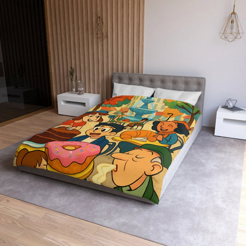 Housse de Couette Illustrée Café Parisien Déjeuner en Plein Air Ambiance Automnale Colorée