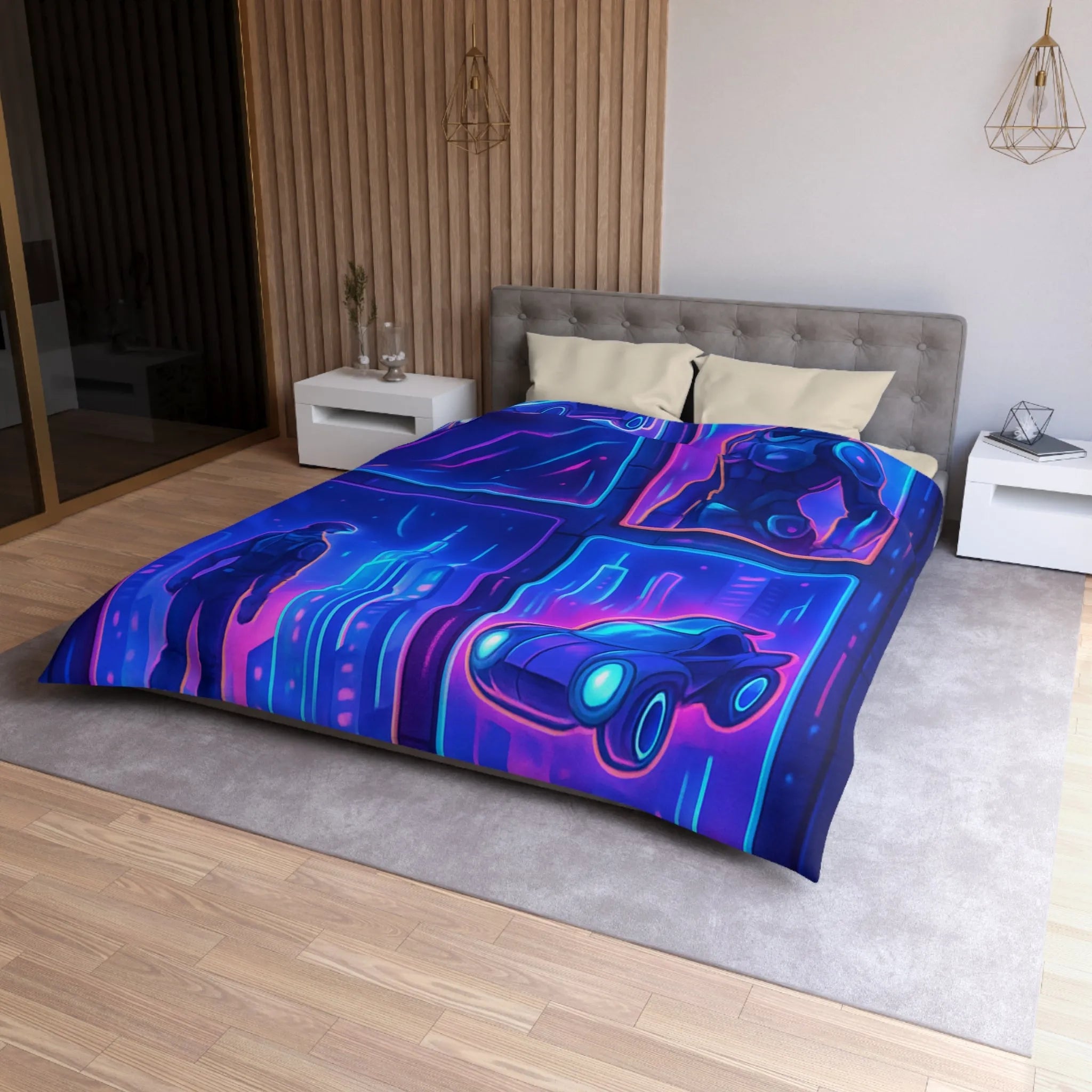 Couverture Futuriste Bleu Néon avec Silhouettes Humaines et Voitures Volantes Modernes