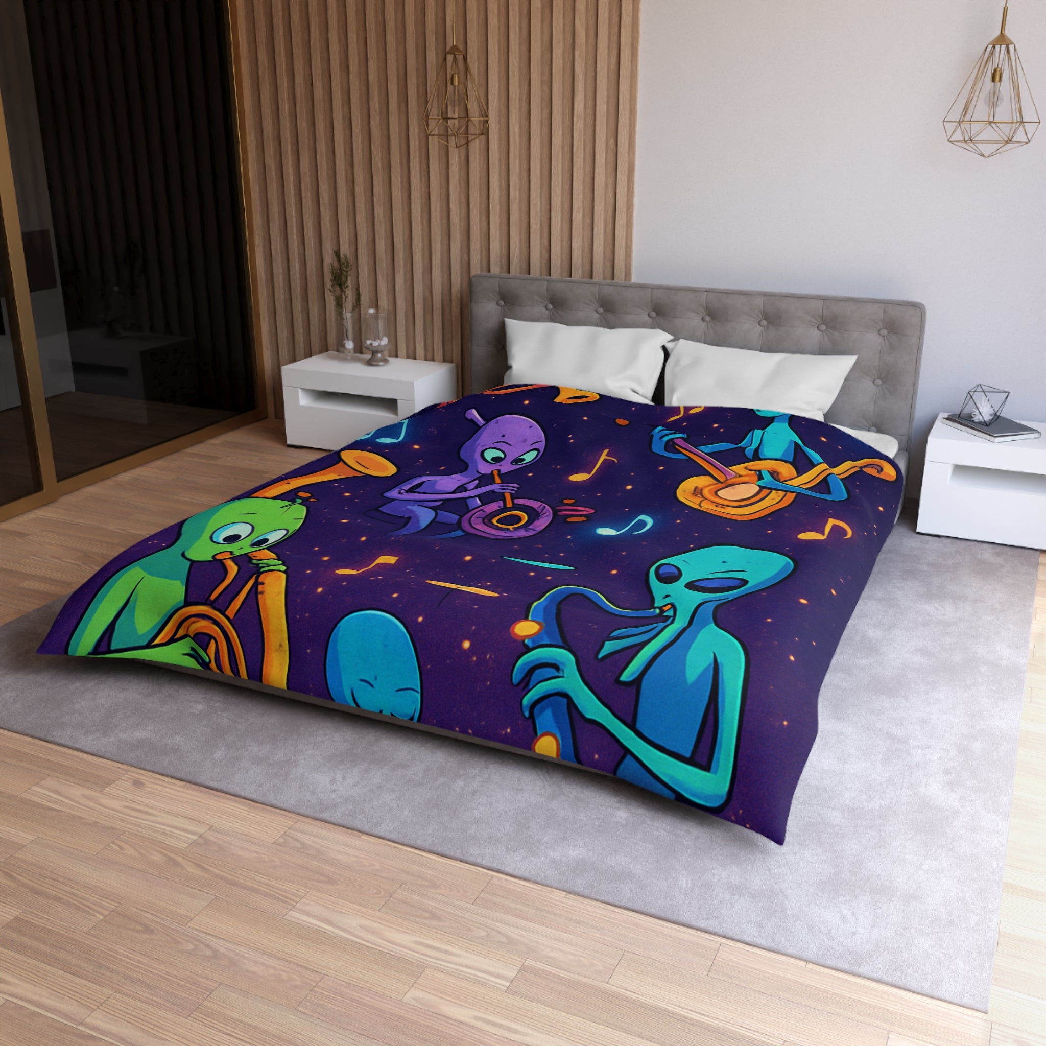 Housse de Couette Motif Aliens Musiciens Colorés Enchantant L'univers Spatial Fantastique