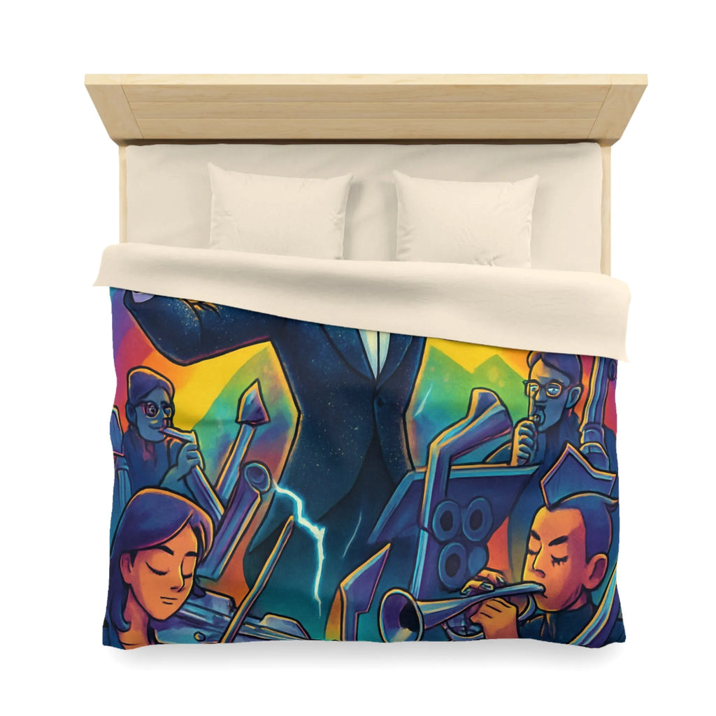 Housse de couette avec orchestre vibrant et chef d’orchestre sous arc-en-ciel lumineux