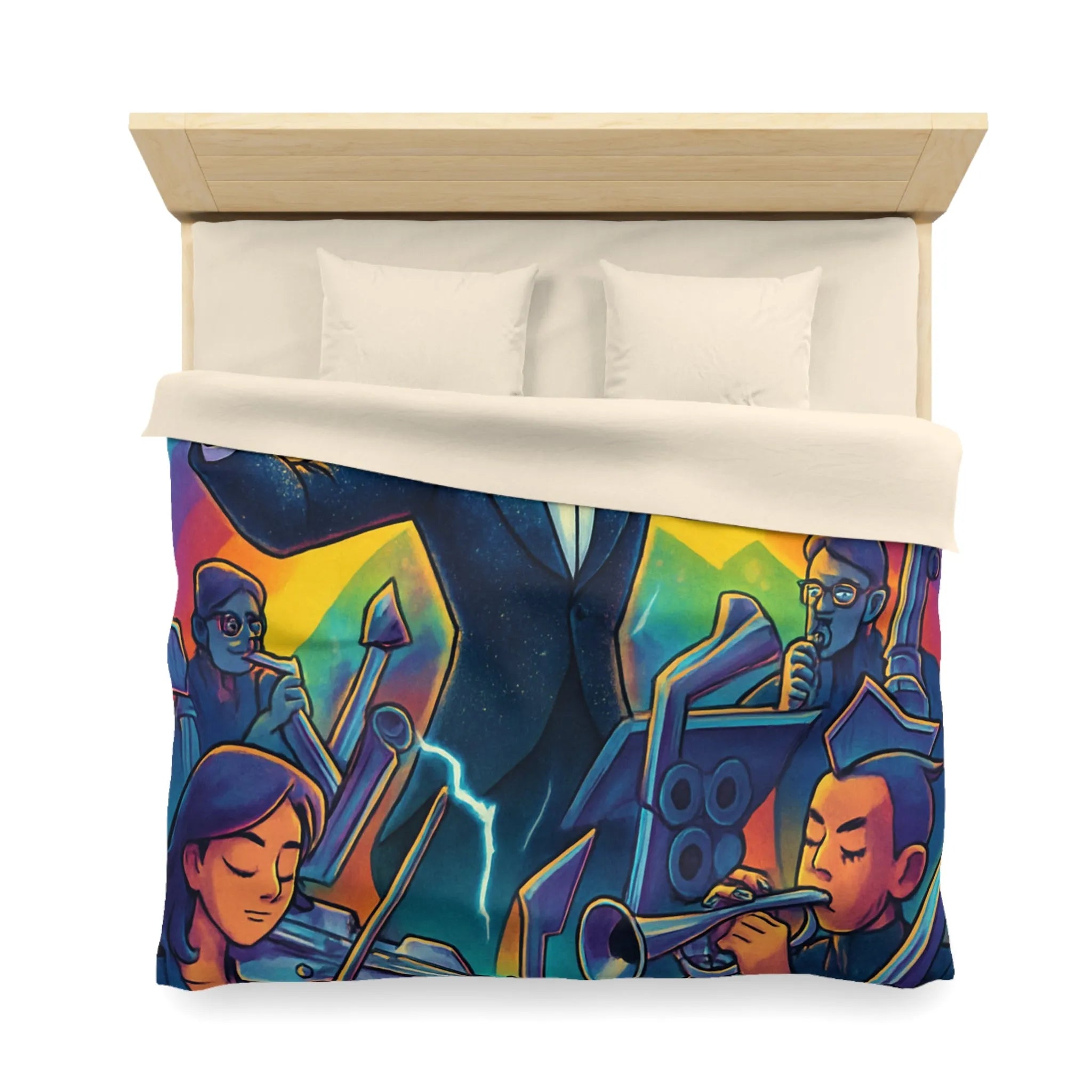Housse de couette avec orchestre vibrant et chef d’orchestre sous arc-en-ciel lumineux