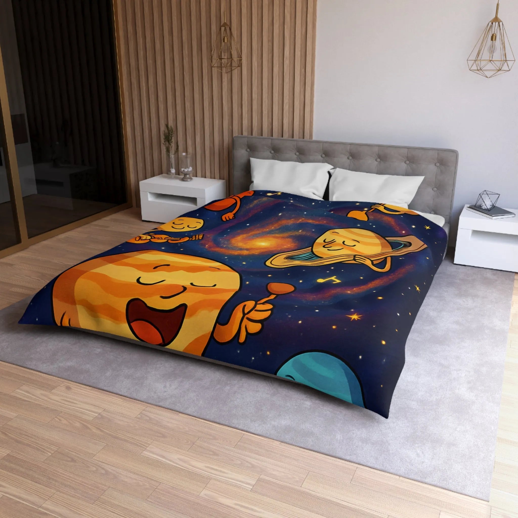 Ensemble joyeux de planètes musiciennes dans l'univers coloré pour housse de couette enfant