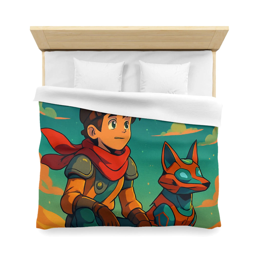 Housse de couette avec illustration colorée de personnage animé et chien robot sous ciel étoilé