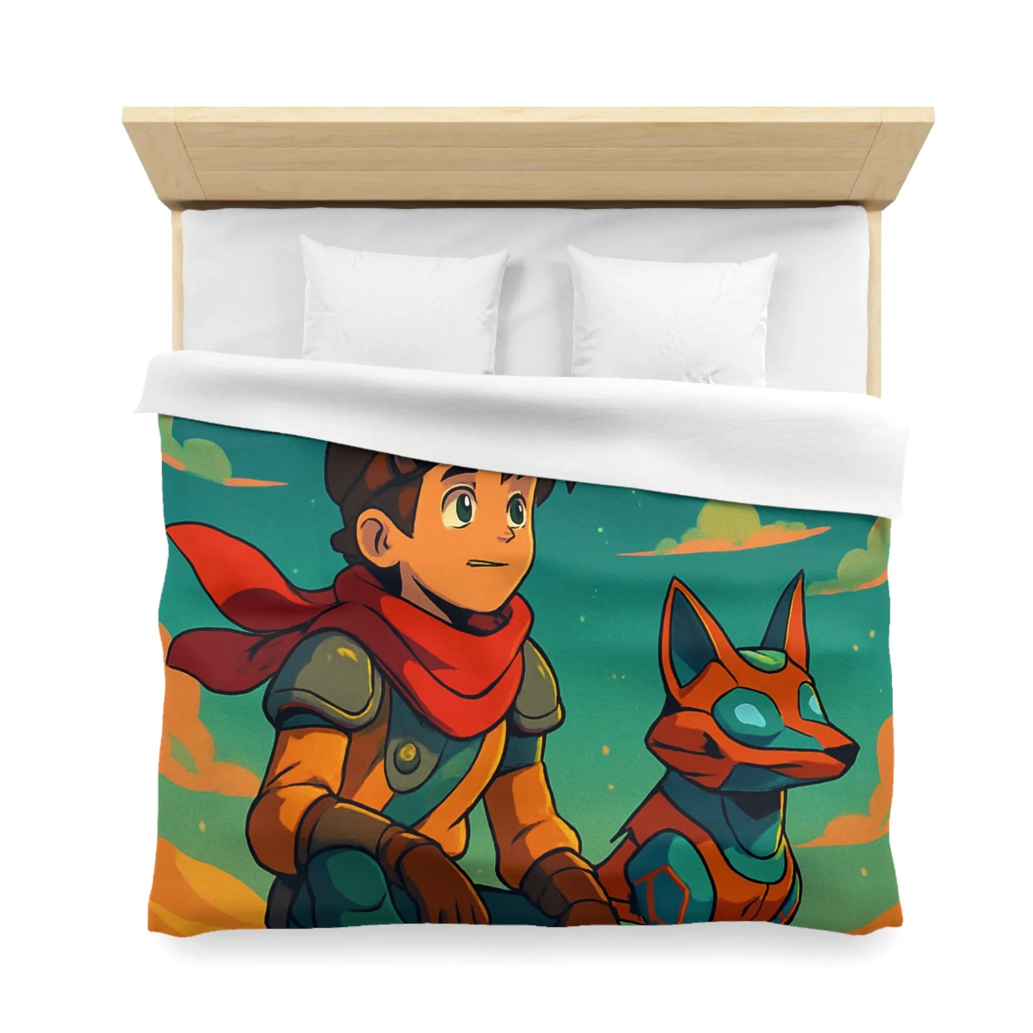 Housse de couette avec illustration colorée de personnage animé et chien robot sous ciel étoilé