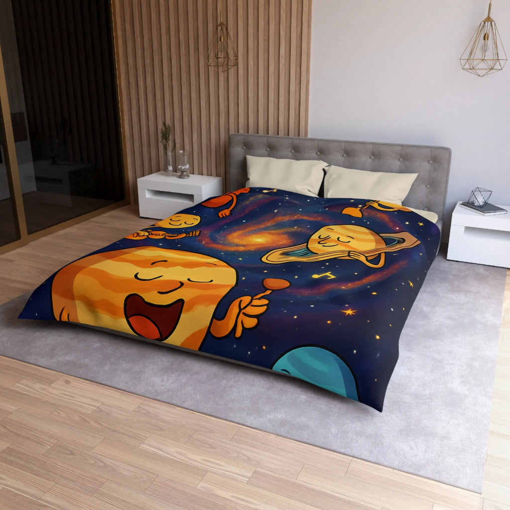 Ensemble joyeux de planètes musiciennes dans l'univers coloré pour housse de couette enfant